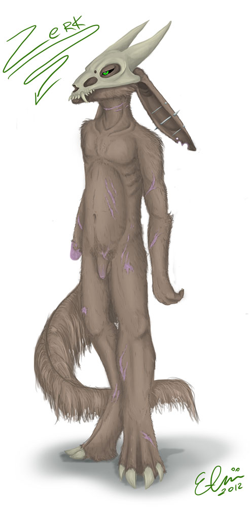 1boy anthro brown etrii fantasy fur hybrid male male_only nude penis scar skull solo zerk