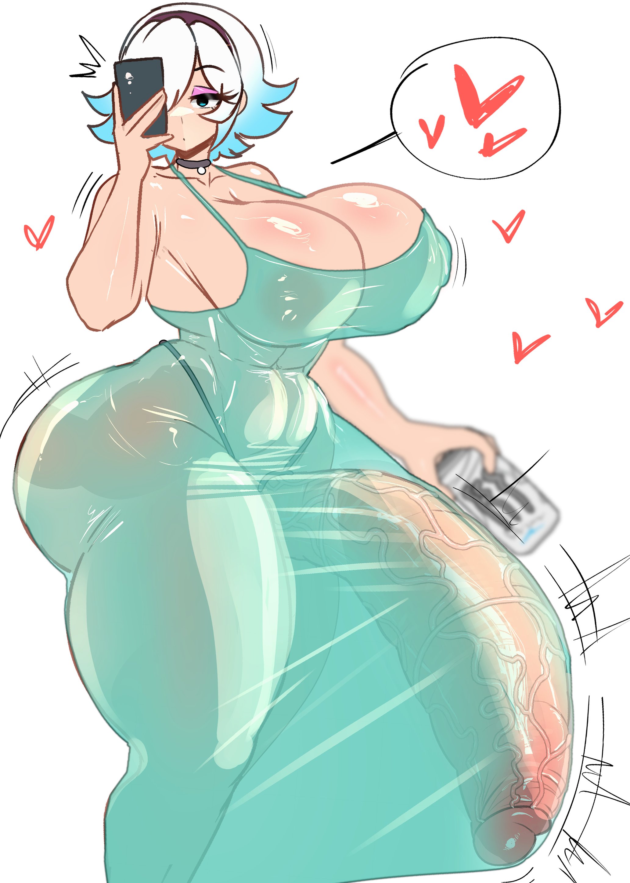 1futa, 2d, ass, blue hair, breasts, breasts bigger than head, busty, cleavage, clothed, clothed futa, dress, erection, erection under clothes, futa only, futanari, garnet (ghosffee), ghosffee, hyper, hyper penis, light skin, light-skinned futa, multicolored hair, original, original character, penis, phone, selfie, solo, solo futa, tagme, thighs, two-tone hair, white background, white hair