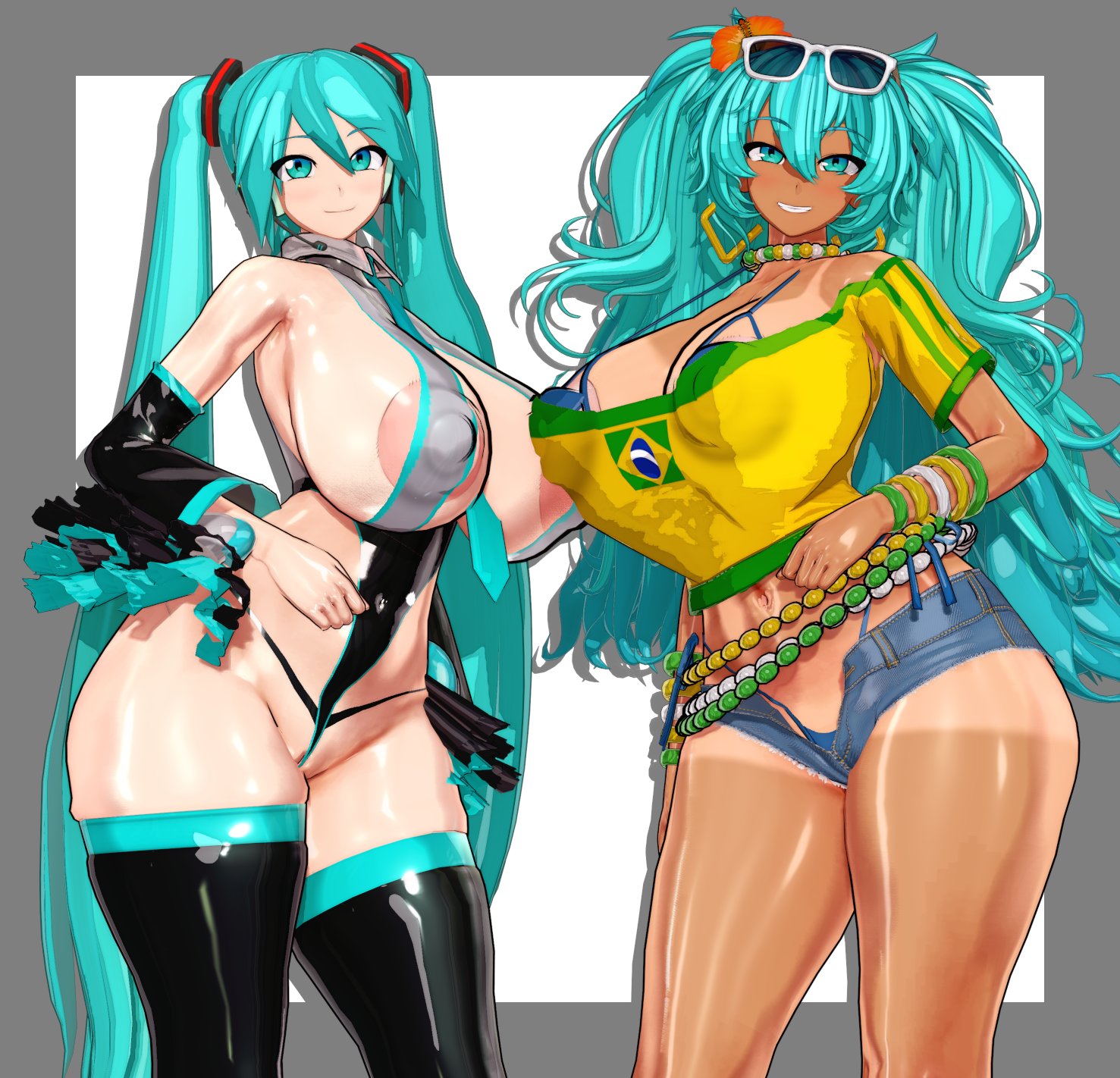 2girls, 3d, 3d (artwork), aqua eyes, aqua hair, aqua nails, areola, ass, big areola, big ass, big breasts, big nipples, big thighs, bikini, bikini under clothes, bracelet, brazil, brazilian, brazilian female, brazilian miku, breasts, choker, cleavage, cowboy shot, crop top, cutoffs, cyan eyes, cyan hair, dark skin, dark-skinned female, denim, denim shorts, earrings, eyewear on head, female, female only, flower, gigantic breasts, hair flower, hair ornament, hatsune miku, highleg, highleg bikini, huge areola, huge ass, huge breasts, huge nipples, huge thighs, idohori people, jewelry, latin american hatsune miku (meme), light skin, light-skinned female, long hair, looking at viewer, midriff, navel, navel piercing, necklace, nipples, open mouth, see-through, see-through shirt, shirt, short shorts, shorts, solo, sunglasses, swimsuit, tagme, tan, tan body, tanlines, thick hips, thick thighs, thighs, thong, twintails, very long hair, vocaloid, yellow background, yellow shirt