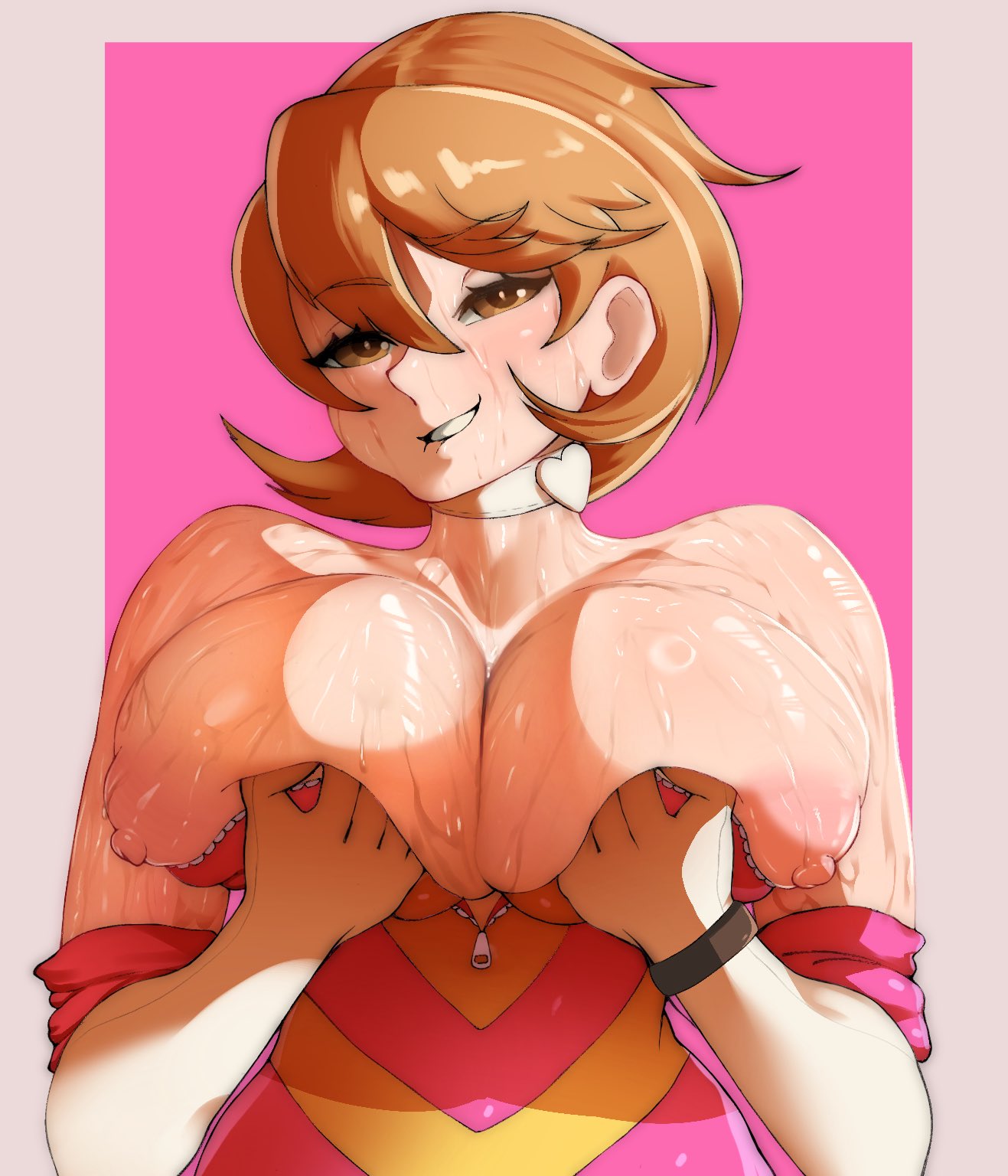 1girls, atlus, big areola, big breasts, big nipples, breasts, brown eyes, brown hair, choker, cupping breasts, erect nipples, female, holding breast, looking at viewer, musk, musky, nipples, no bra, okaimikey, outfit, persona, persona 3, presenting, presenting breasts, smile, smiling, smiling at viewer, smug, sweat, sweatdrop, sweaty, sweaty body, sweaty breasts, topless, yukari takeba
