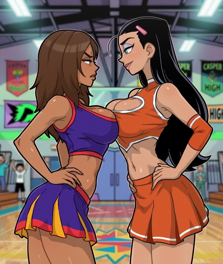 2026, 2d, 2girls, black hair, bonnie rockwaller, boob window, breast on breasts, breast press, breasts on breasts, brown hair, brown lips, centinel303, cheerleader, cheerleader uniform, cleavage, crop top, crossover, danny phantom, dark skin, dark-skinned female, disney, female, hand on hip, kim possible, light skin, light-skinned female, long hair, looking at another, medium breasts, medium hair, miniskirt, nickelodeon, no ai, orange clothing, paulina sanchez, pleated skirt, purple clothing, skirt, sleeveless, western cartoon