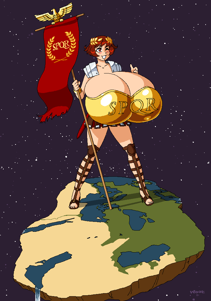 armor blush breasts giant giantess gigantic_breasts melonstand red_eyes red_hair roman_empire wink woot