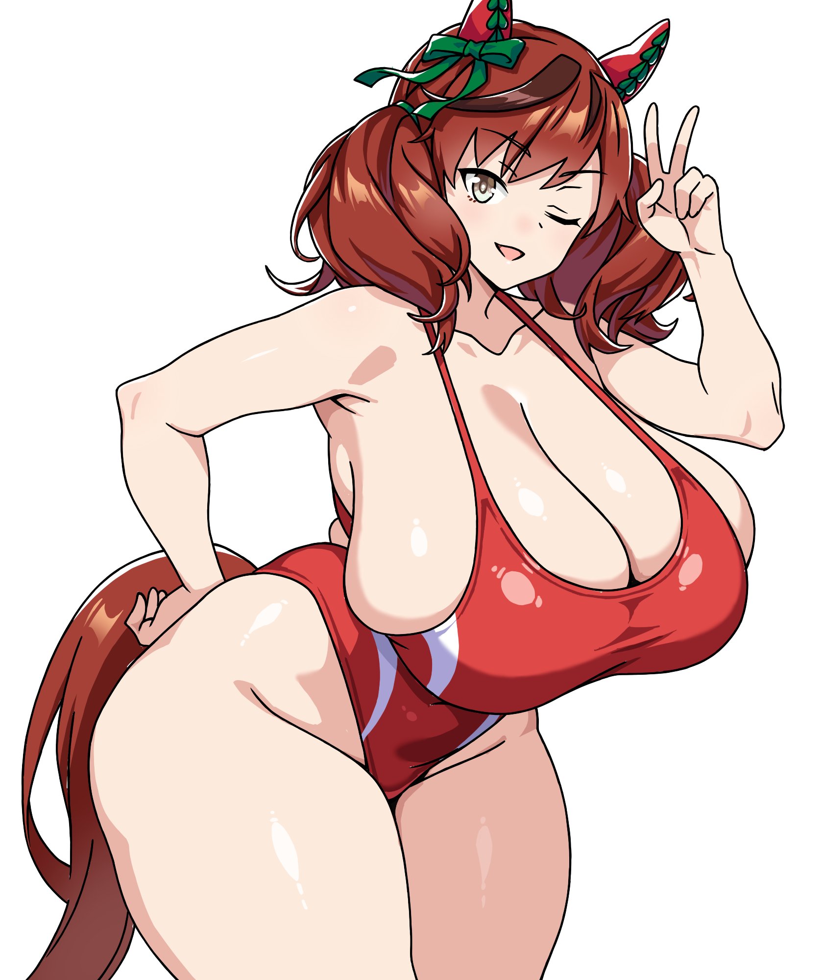 1girls, animal ears, arm up, artist request, bow, breasts, brown eyes, brown hair, cleavage, curvy, ear covers, female, green bow, hair bow, hand on own hip, highleg, highleg one-piece swimsuit, horse ears, horse girl, horse tail, huge breasts, leaning forward, medium hair, nice nature (umamusume), one eye closed, one-piece swimsuit, open mouth, red one-piece swimsuit, skindentation, smile, solo, standing, swimsuit, tail, thick thighs, thighs, twintails, umamusume, v, white background, wide hips, wink