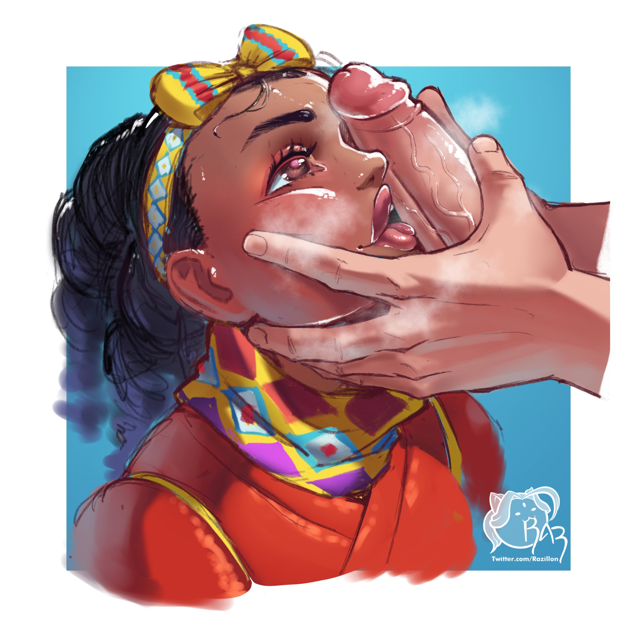 1boy, 1girls, bleached, capcom, dark skin, dark-skinned female, eyelashes, face grab, female, female focus, hi res, interracial, kimberly jackson, light skin, light-skinned male, male, open mouth, penis, penis on face, penis over one eye, razillon, steam, street fighter, street fighter 6, tongue out