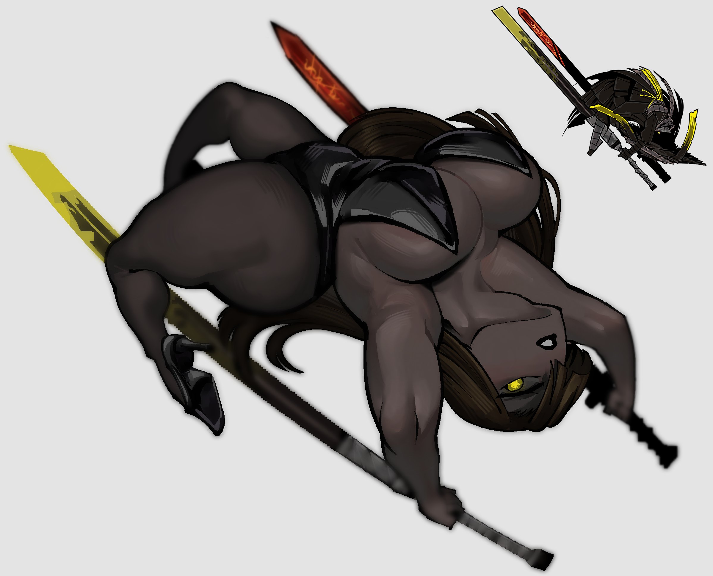 big ass, big breasts, bottom heavy, bunnysuit, dark skin, dark-skinned female, eclipseecliptus, female focus, female only, glowing eyes, high heels, limbus company, lipstick, long hair, looking at viewer, one eye covered, posing, project moon, reference image, skimpy, skimpy clothes, solo, solo female, stockings, sword, thick thighs, toned, toned female, weapon, white background, wide hips, zilu (limbus company)