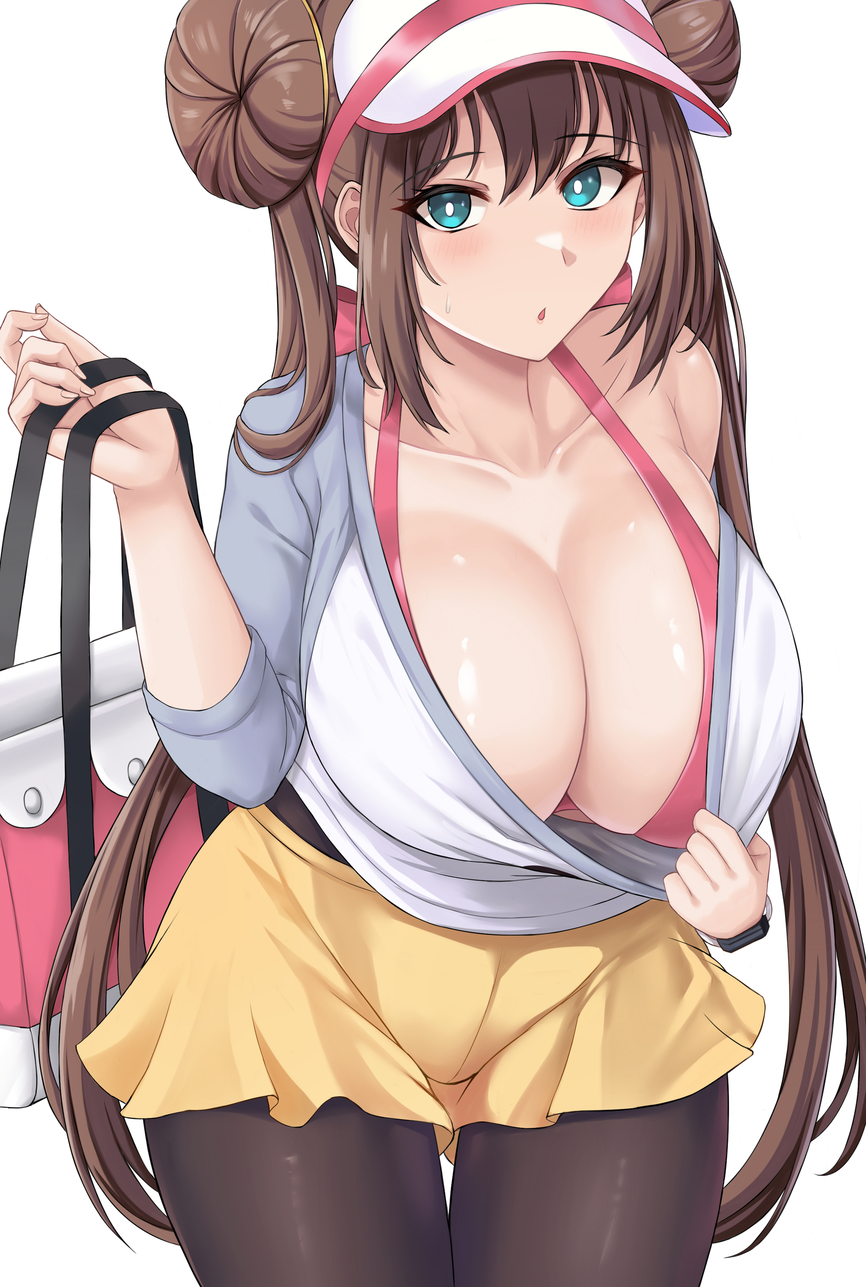 1girls, bag, blue eyes, blush, bra, breasts, brown hair, colored, female, female only, game freak, hair buns, hat, huge breasts, leggings, looking at viewer, nintendo, pokemon, pokemon bw2, pulling down shirt, purse, rosa (pokemon), skirt, tagme, thick thighs, thighs, twintails, visor, visor cap, watch, zatma0041