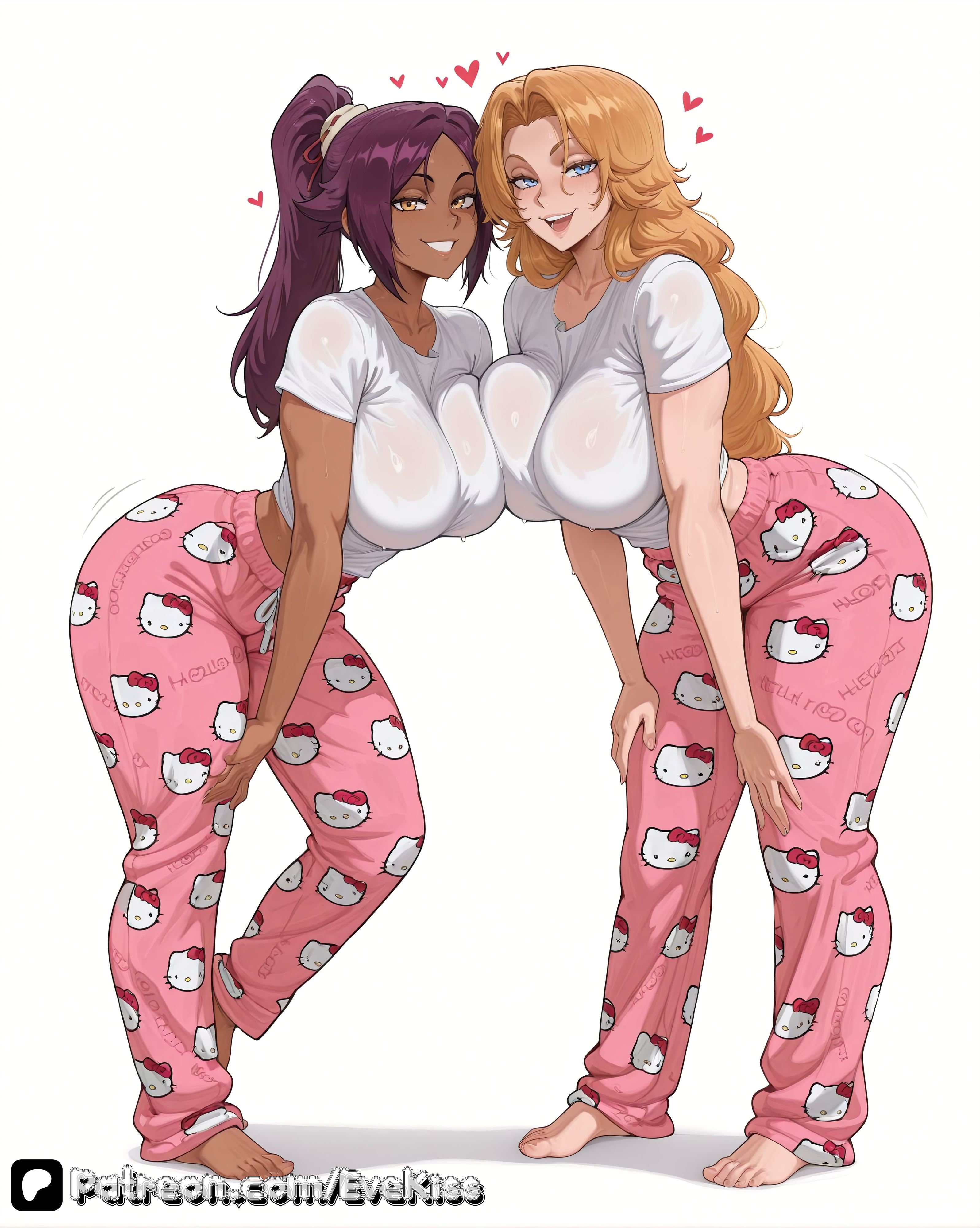 2girls, ai generated, bangs, bleach, bleach: the thousand-year blood war, blonde, blonde hair, blue eyes, breasts, breasts,, brown eyes, camel toe, cameltoe, cleavage, clothed, clothed female, curvy, curvy figure, dark skin, dark-skinned female, duo, duo focus, evekiss, female, female focus, female only, focus, fringe, fully clothed, ginger, ginger hair, hello kitty, hello kitty (series), hetero, large breasts, matsumoto rangiku, nipples, nipples covered, nipples visible through clothing, orange hair, pajamas, pants, purple hair, pussy, rangiku matsumoto, sfw, shihouin yoruichi, solo, solo female, solo focus, straight, tan body, tan skin, teeth, thick thighs, thighs, tight clothes, tight clothing, tight fit, tights, uncensored, wide hips, yoruichi shihouin