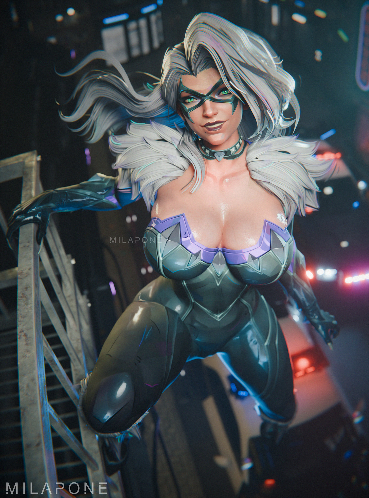 1girls, 2026, 3d, 3d (artwork), alluring, big breasts, black cat (marvel rivals), black cat (marvel), bodysuit, breasts, choker, claws, collar, curvaceous, curvaceous body, curvaceous female, curvaceous figure, curvaceous hips, curvy, curvy body, curvy female, curvy figure, curvy hips, domino mask, enticing, eyemask, felicia hardy, female, green eyes, hips, hourglass figure, light skin, light-skinned female, looking at viewer, marvel, marvel comics, marvel rivals, mask, masked, masked female, milapone, seducing, seductive, seductive look, seductive pose, shiny, shiny breasts, shiny skin, skin tight, smile, smiling, smiling at viewer, solo, spider-man (series), superheroine, teasing, teasing viewer, temptation, tempting, tempting viewer, thick breasts, thighs, tight clothes, tight clothing, voluptuous, voluptuous female, white fur, white hair