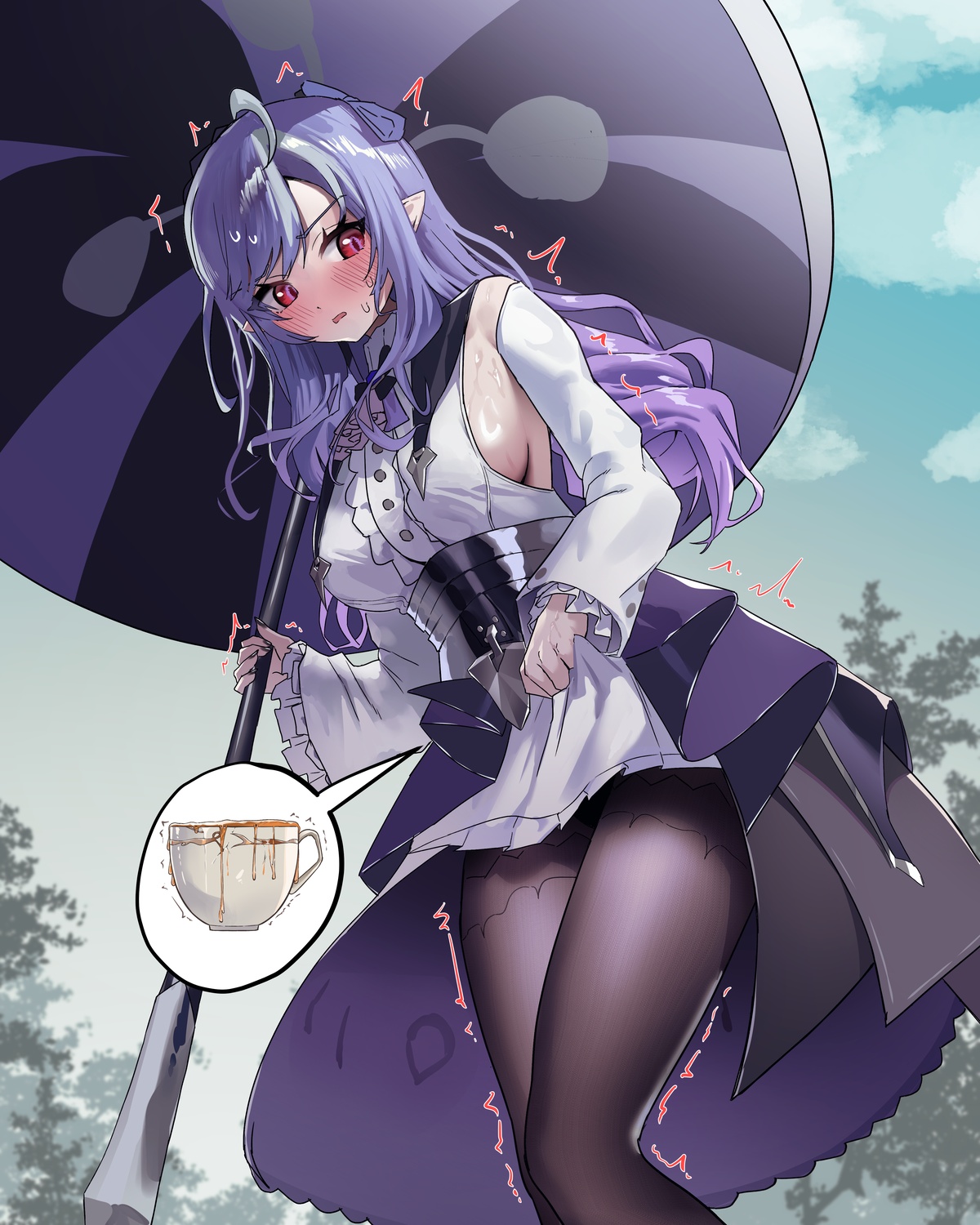 1girl, big breasts, black nails, black pantyhose, blush, breasts, colored nails, have to pee, holding, holding object, holding umbrella, long hair, myoung, need to pee, no bra, no bra under clothes, open mouth, painted nails, pantyhose, purple hair, red eyes, sideboob, solo, sweat, swimsuit, umbrella, vivian banshee, zenless zone zero