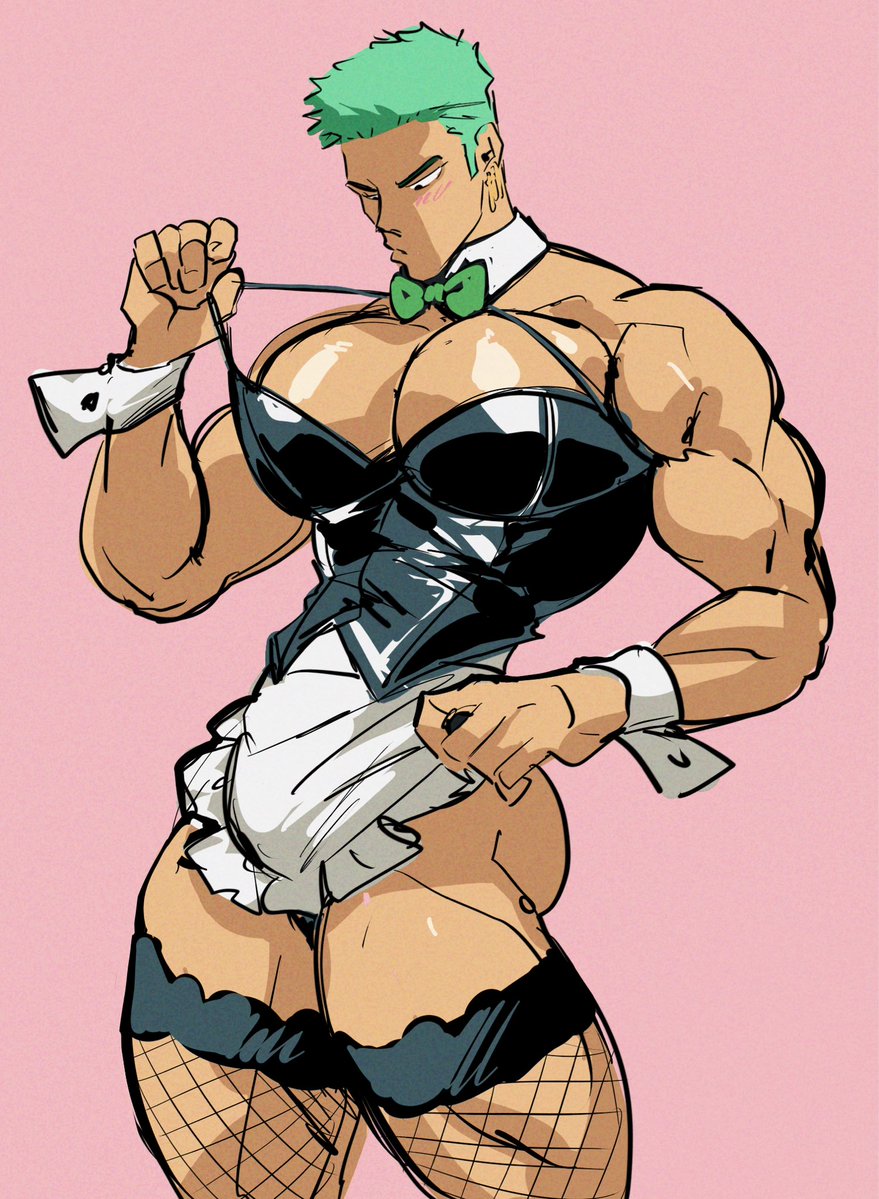 1boy, gay, gay male, idoraad, lilprincyvi, maid, maid outfit, maid uniform, male, male only, muscular, muscular male, one piece, roronoa zoro, solo, yaoi
