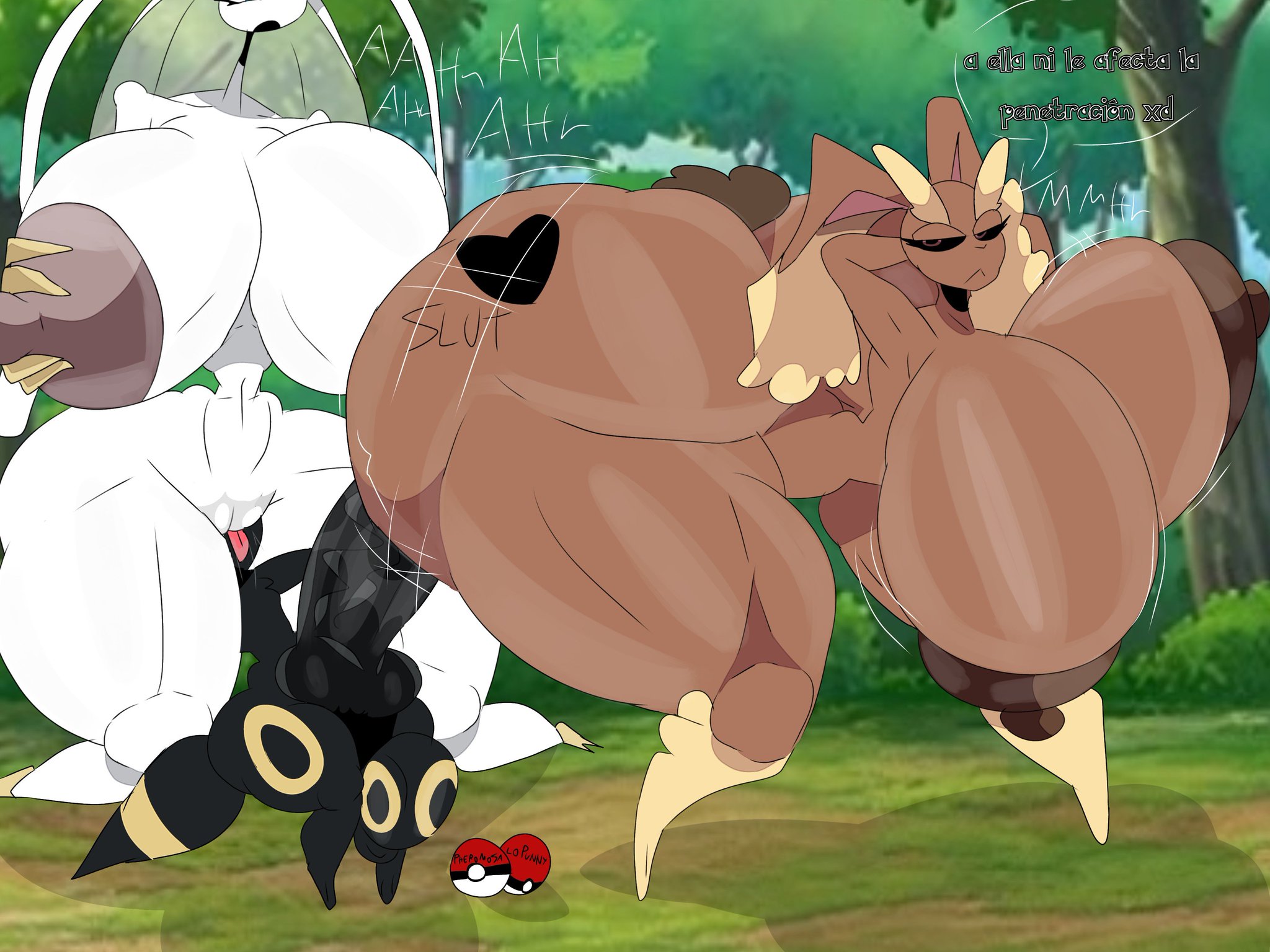 1boy, 2girls, anthro, anthro only, hyper, hyper ass, hyper breasts, hyper penis, licking pussy, lopunny, penis in ass, pheromosa, pokemon, pokemon (species), sex, size difference, spanish text, trio, umbreon, wannapossums