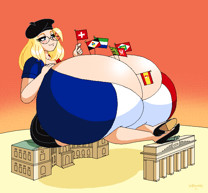 beret blonde_hair confederation_of_the_rhine countrygirls france france_(countrygirls) french_empire french_flag giant giantess gigantic_breasts glasses high_heels hyper_breasts melonstand napoleonic_empire spanish_flag swiss_flag woot