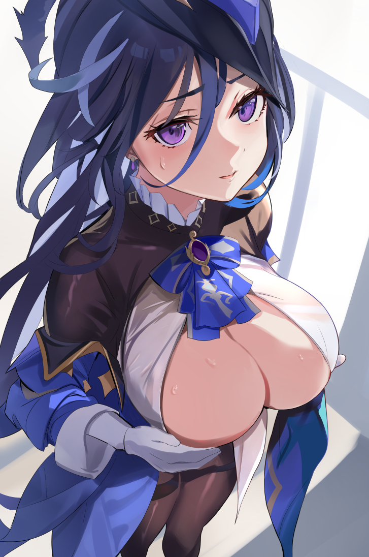 1girls big_breasts clorinde_(genshin_impact) clothing female female_only genshin_impact gloves large_breasts long_hair long_sleeves looking_at_viewer pantyhose purple_eyes solo solo_female thick tomas_(kaosu22) voluptuous