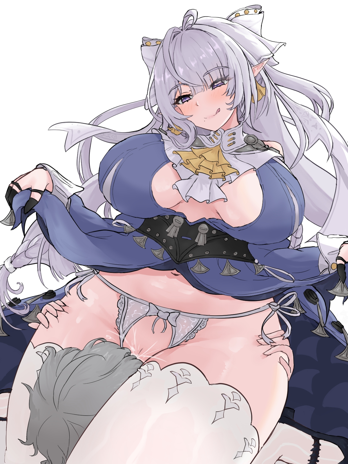 ascot, big breasts, breasts apart, facesitting, hands on thighs, holding hips, implied cunnilingus, implied oral, lace-trimmed panties, large breasts, licking lips, lifting skirt, looking at another, pointy ears, pussy, pussy juice, revive (asee3882), squirting, thick thighs, thigh squish, velina (zenless zone zero), velina airgid, wide hips, wise (zenless zone zero), zenless zone zero