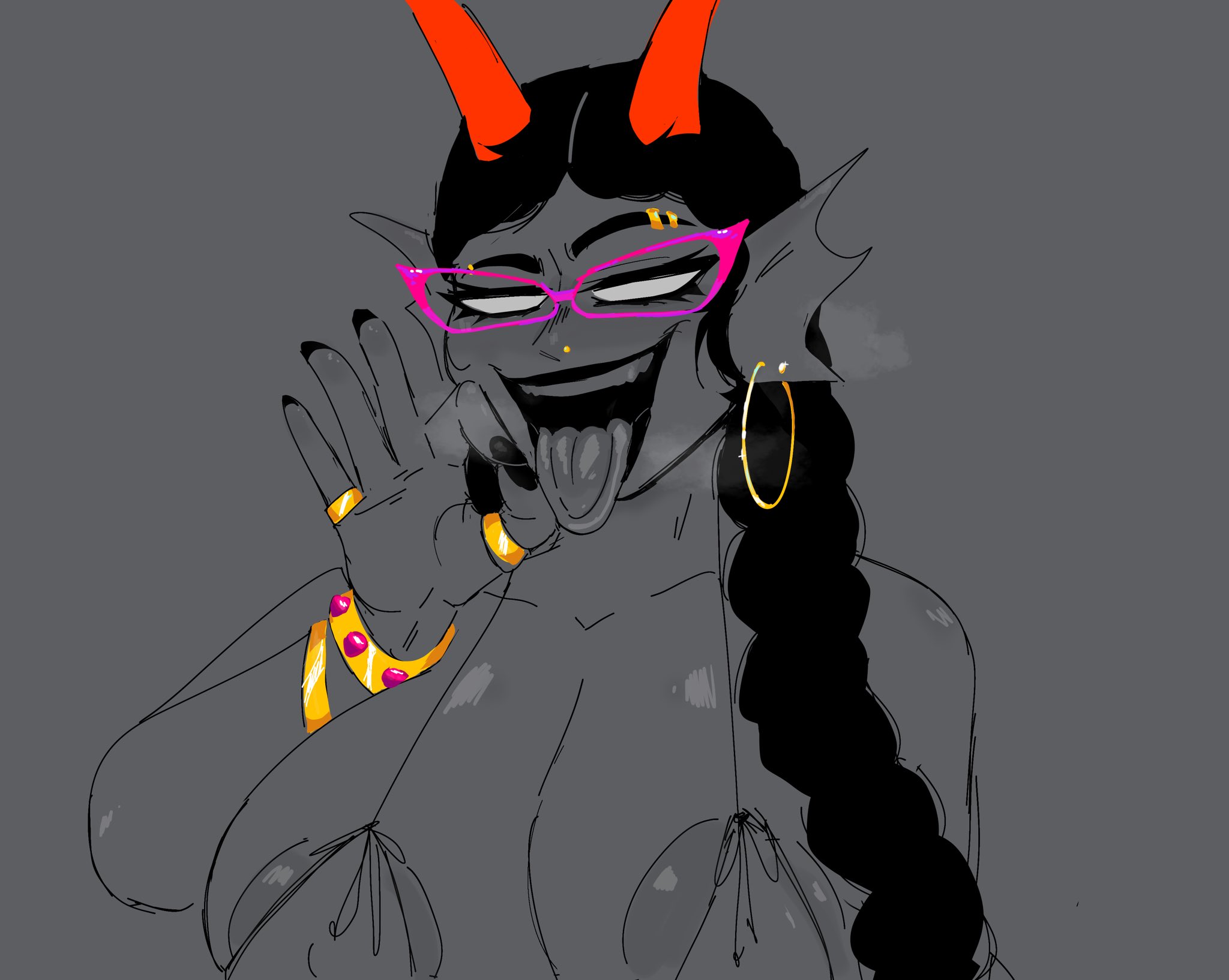 big breasts, blowjob gesture, breasts, electric (artist), female, hand gesture, homestuck, meenah peixes, tongue out