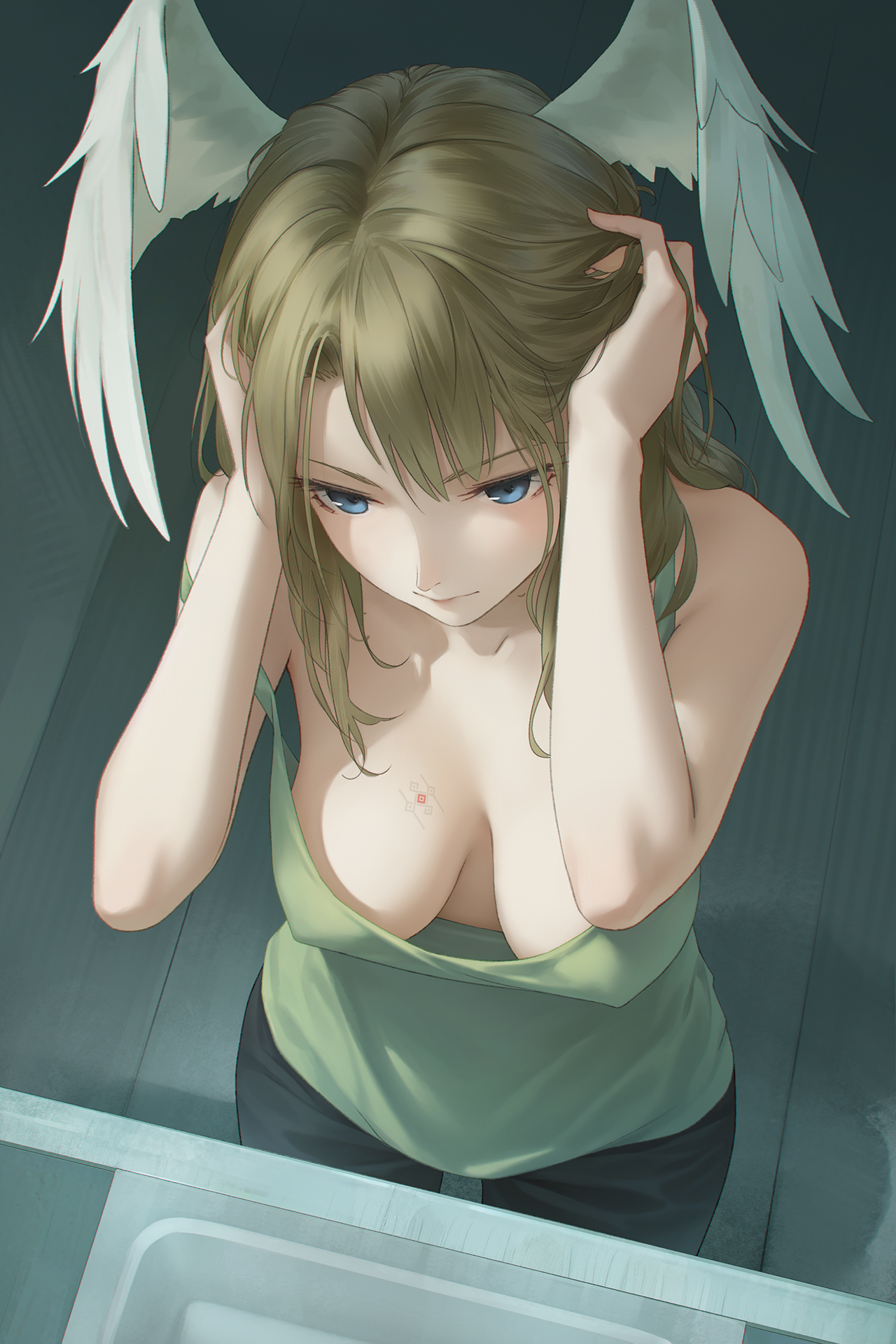 adjusting hair, blue eyes, breast tattoo, breasts, covered nipples, downblouse, eunie (xenoblade), feathered wings, female, from above, hand in own hair, hands on own head, hanging breasts, head wings, high-angle view, highres, large breasts, medium hair, miura-n315, nintendo, no bra, sink, solo, standing, strap slip, tank top, tattoo, white wings, wings, wings on head, xenoblade (series), xenoblade chronicles (series), xenoblade chronicles 3