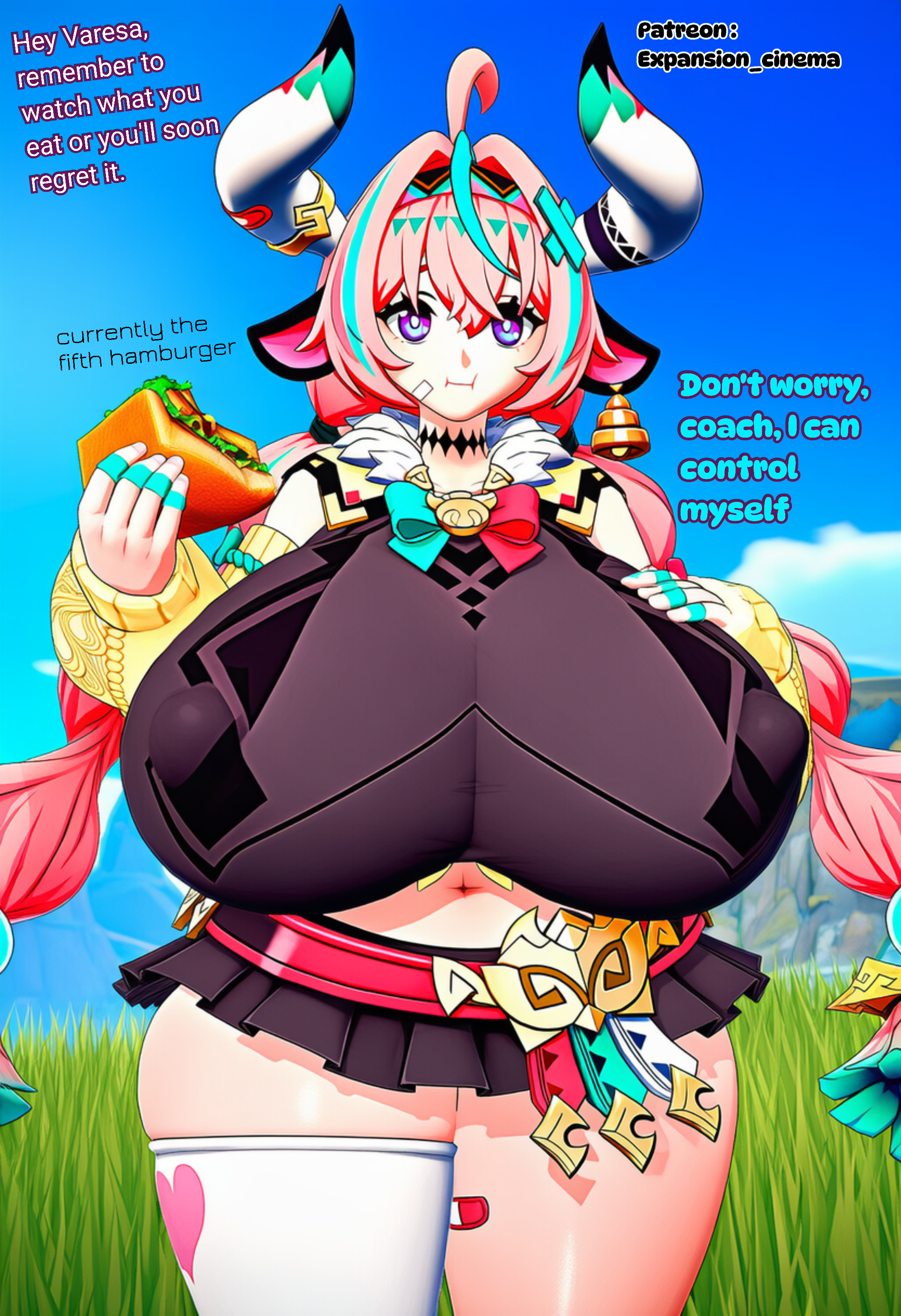 breast expansion, breasts, breasts bigger than head, chubby, chubby female, expansion cinema, female, genshin impact, growth, hamburger, hyper breasts, stuffed belly, stuffing, varesa (genshin impact), weight gain, weight gain female