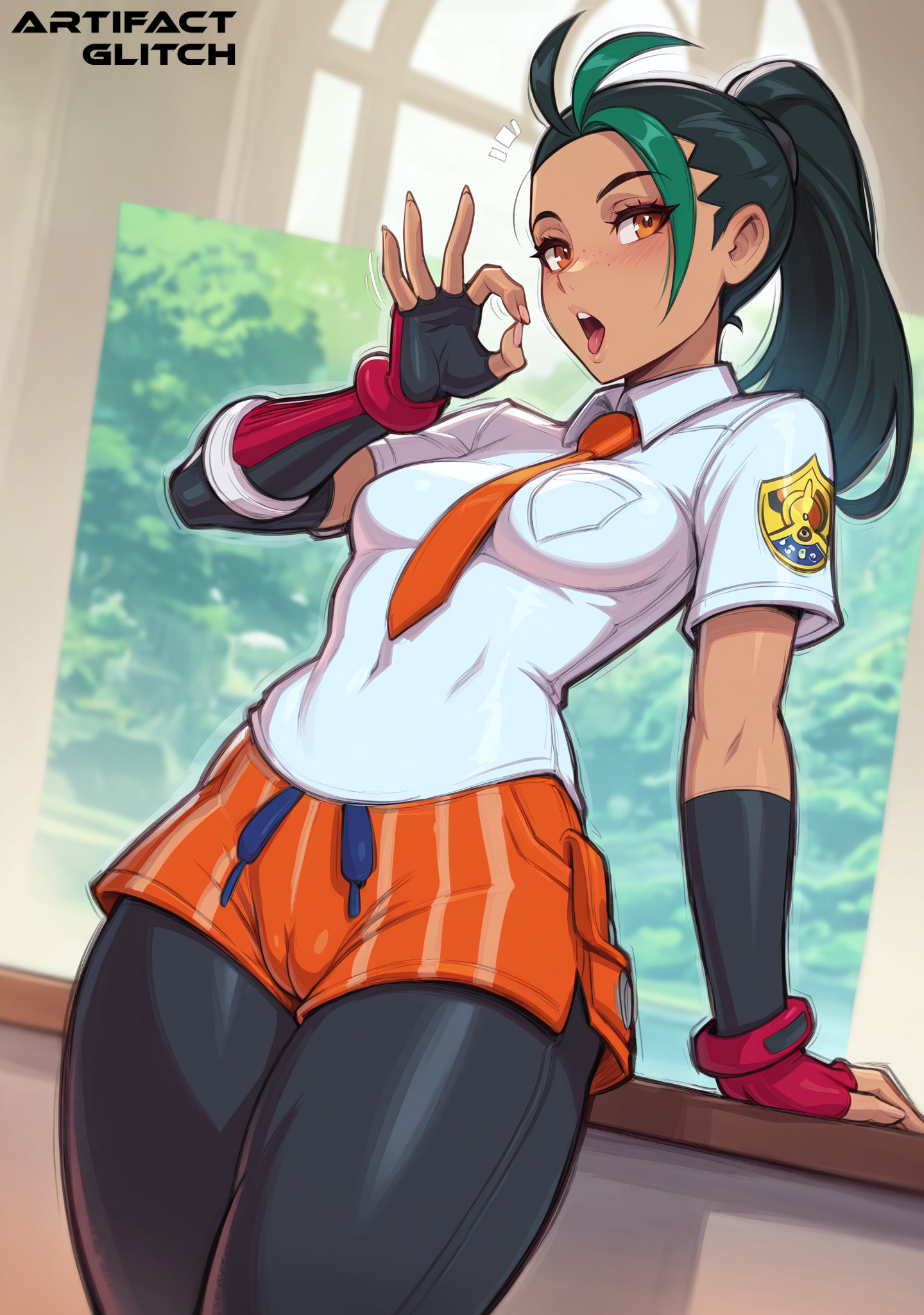 1girls, abs, ai generated, ai slop, artifactglitch, black hair, black leggings, blowjob gesture, breasts, female, inviting, inviting to oral, looking at viewer, necktie, necktie between breasts, nemona (pokemon), pokemon, ponytail, shorts, small breasts, thick thighs, thighs, white shirt