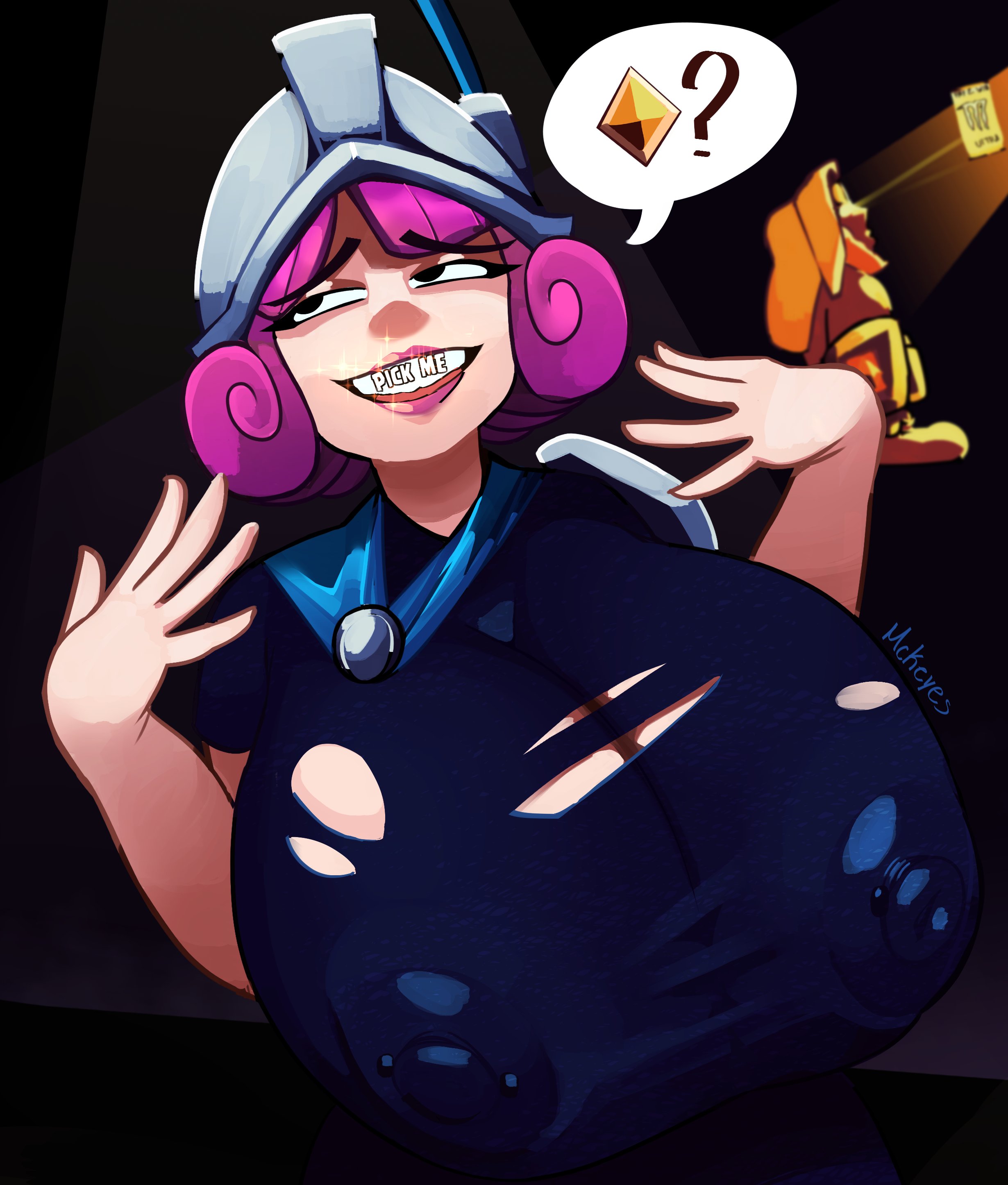 1girls, 2d, 2d (artwork), 2d artwork, areola, areolae, areolae visible through clothing, armor, big areola, big breasts, big nipples, blue eyes, boobs, breasts, breasts bigger than head, busty, cape, clash (series), clash royale, curvaceous, curvy, curvy female, dialogue, english text, female, female focus, gigantic breasts, helmet, hero musketeer (clash royale), hi res, huge areola, huge breasts, huge nipples, hyper, hyper breasts, light skin, light-skinned female, lips, looking at viewer, looking away, looking up, mckeyes, musketeer (clash royale), nipple piercing, nipples, nipples visible through clothing, pierced nipples, piercing, piercings, pink lipstick, purple hair, ripped clothing, ripped shirt, see-through, see-through clothing, see-through shirt, short hair, supercell, text, text bubble, top heavy, topwear, torn clothes, torn clothing, video game character, voluptuous, voluptuous female, wardrobe malfunction