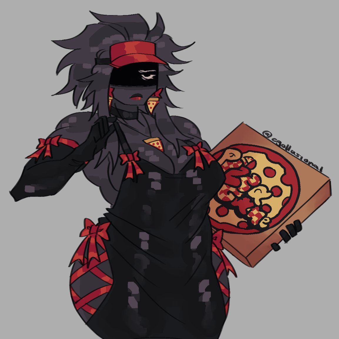1girls, artist name, black armwear, black clothing, black dress, bow, bows, breasts, choker, cleavage, dress, earrings, egollusional, female, female only, gloves, grey background, grey hair, grey skin, holding object, lips, long gloves, medium breasts, necklace, pizza box, pizza game (roblox), pizza guy (pizza game (roblox)), plain background, red bow, red lips, red visor, roblox, roblox game, robloxian, rule 63, shadow over eyes, short hair, simple background, solid color background, solo, standing, thick thighs, thighs, twitter username, visor cap