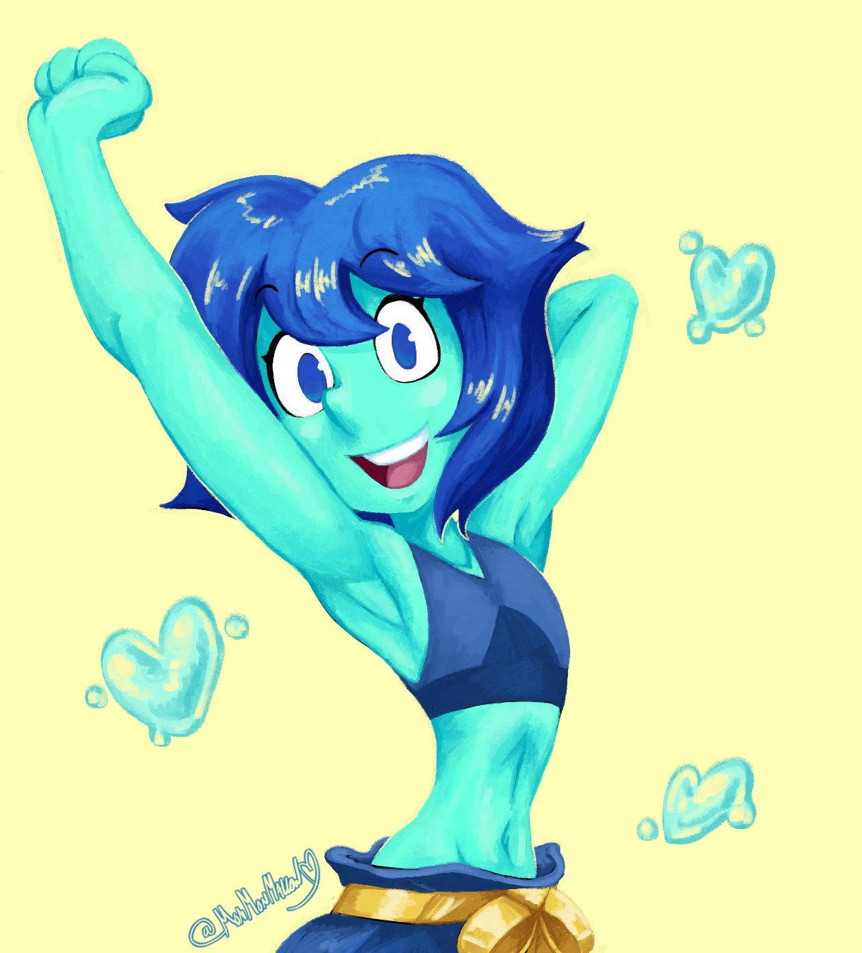1girls, 2d, blue hair, blue skin, breast expansion, breasts, clothed, expansion, female, gem (species), lapis lazuli (steven universe), looking at viewer, monmonmallow, smile, solo, solo female, steven universe, tagme
