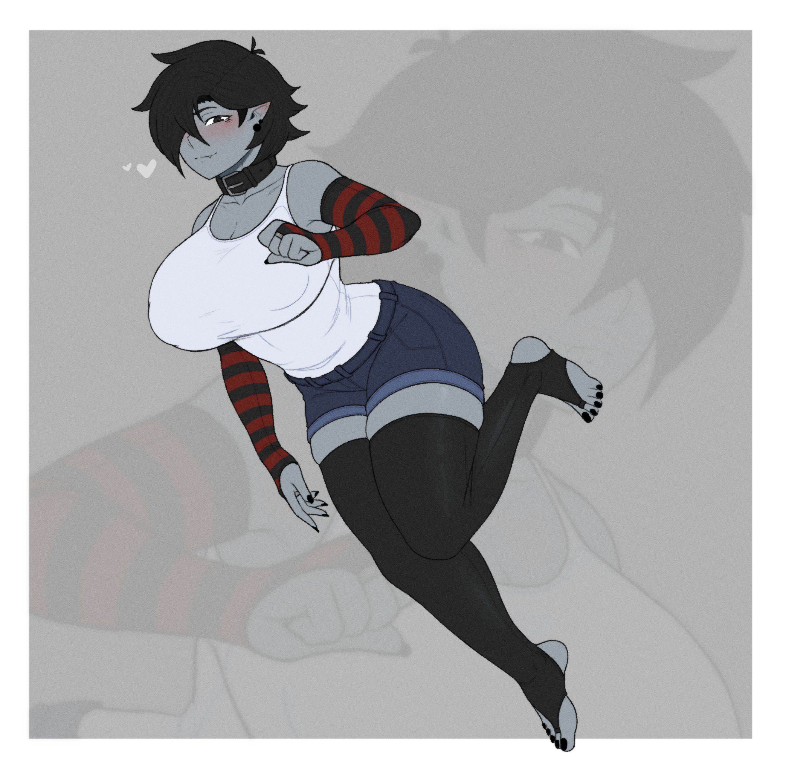 1girls, adventure time, arm sleeves, black eyes, black hair, black nails, blush, blushing, boobs, breasts, clothing, collar, cute fang, elbow gloves, escriba, grey body, grey skin, huge boobs, huge breasts, jean shorts, marceline, painted nails, pointy ears, short hair, shorts, simple background, stirrup legwear, stockings, tomboy, vampire, vampire girl
