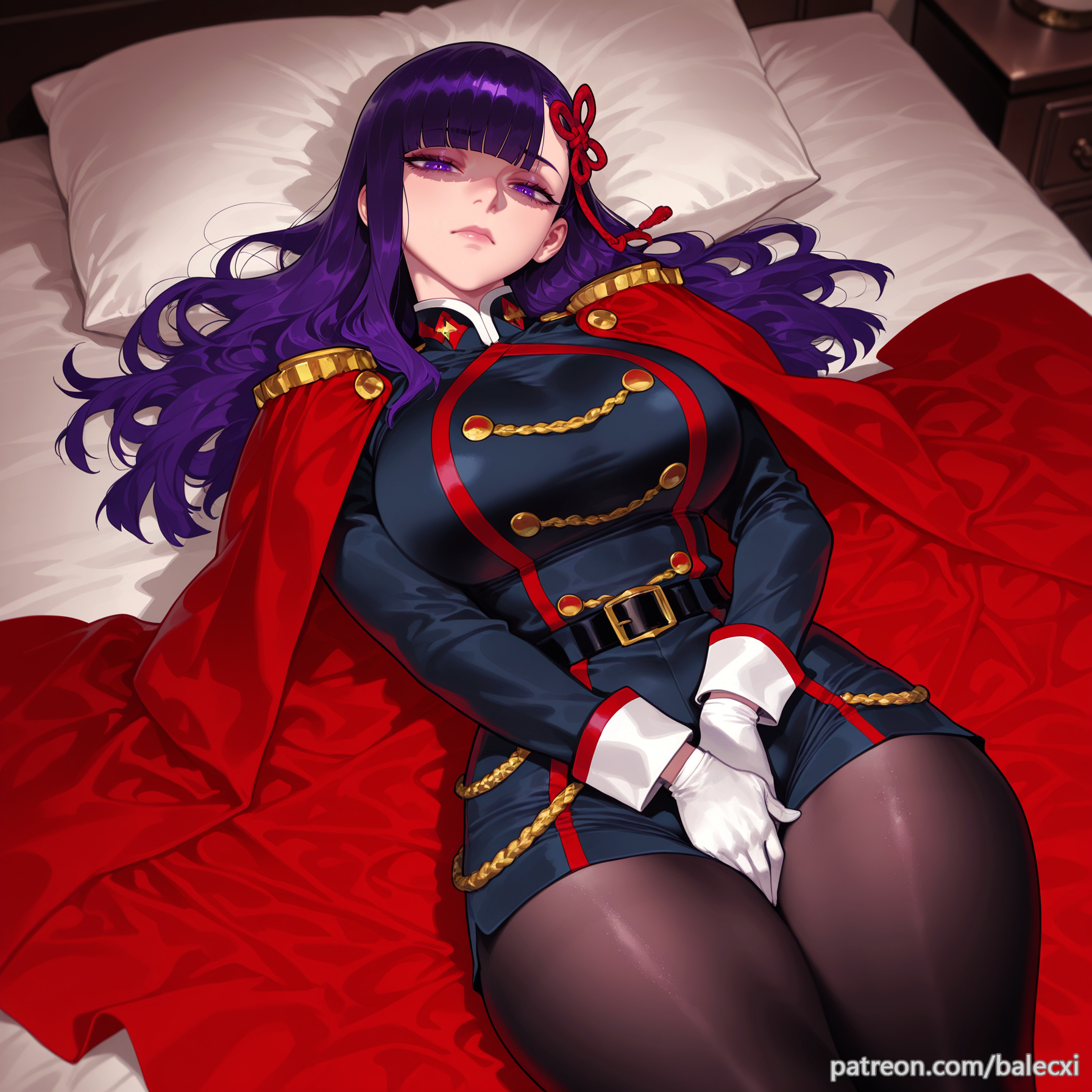 ai generated, balecxi, belt, breasts, epaulettes, female, large breasts, long hair, long sleeves, looking at viewer, lying, mato seihei no slave, military uniform, on back, pantyhose, pillow, purple eyes, purple hair, red cape, solo, thighs, white gloves, yamashiro ren