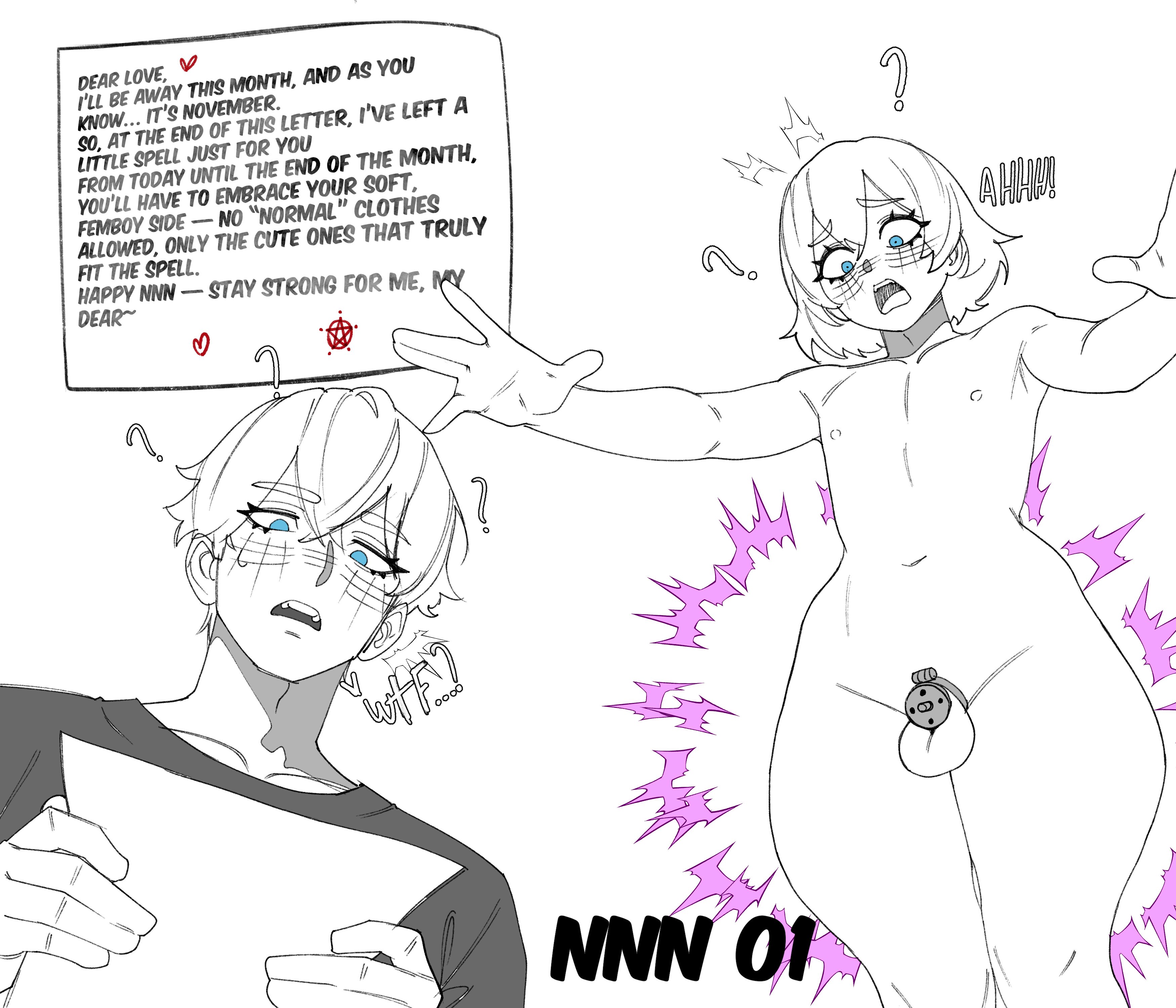 1boy, balls, big ass, blue eyes, blush, chastity, chastity cage, chastity device, confused, confusion, day count, english text, femboy, feminization, hair growth, kanoji (ni kanojo), magic, male, male only, monochrome, no nut november, nude, nude male, penis, sissyfication, slim waist, sling bikini, small penis, suddenly naked, tagme, testicles, text, thick thighs, transformation, transformation through magic