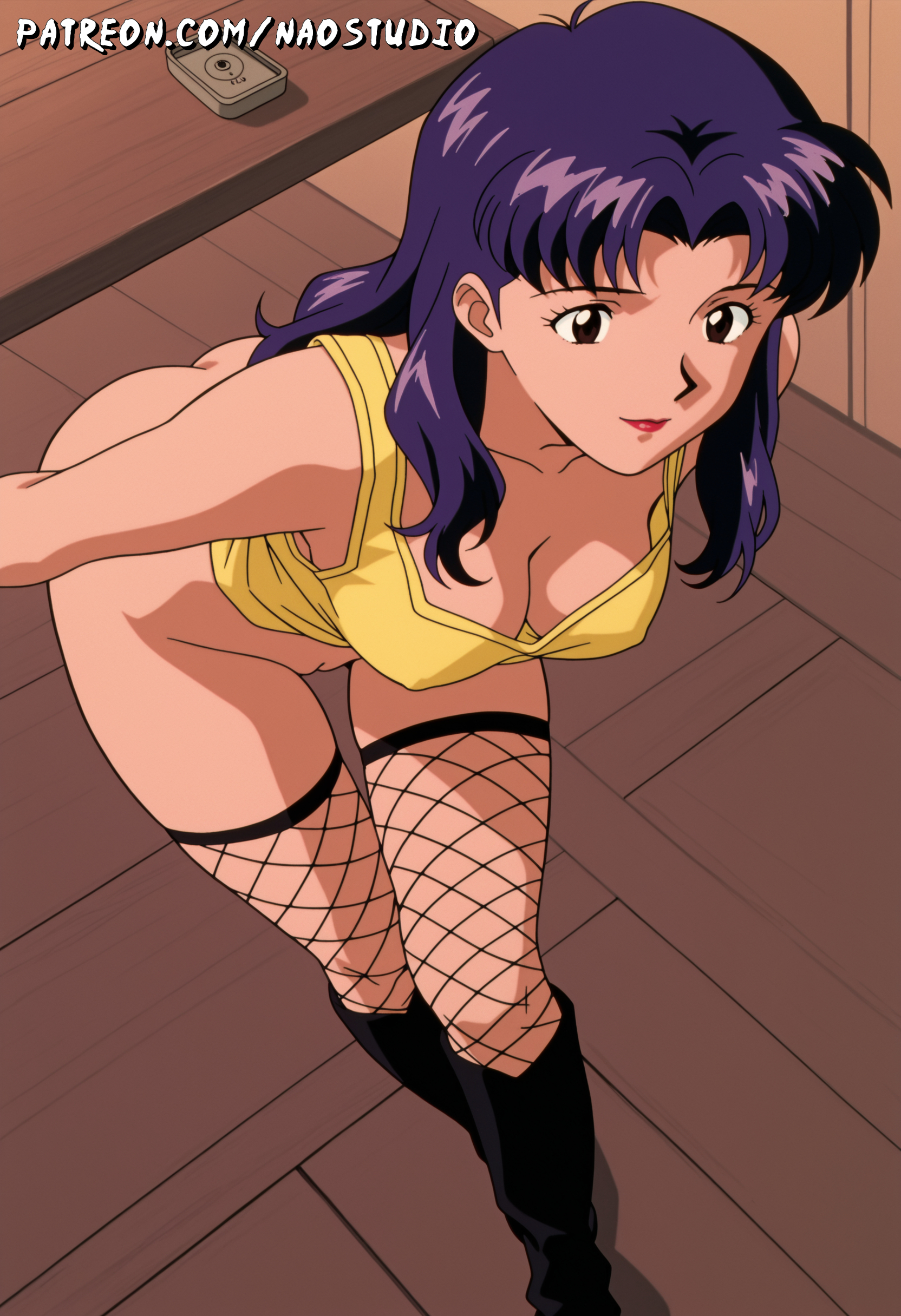 ai generated, alternate hairstyle, anal, animated, artist name, ass, boots, bottomless, breasts, butt crack, cleavage, commission, female, fishnets, large breasts, long hair, looking at viewer, mature female, milf, misato katsuragi, naostudio, neon genesis evangelion, older female, purple hair, pussy, smile, solo female, thick thighs