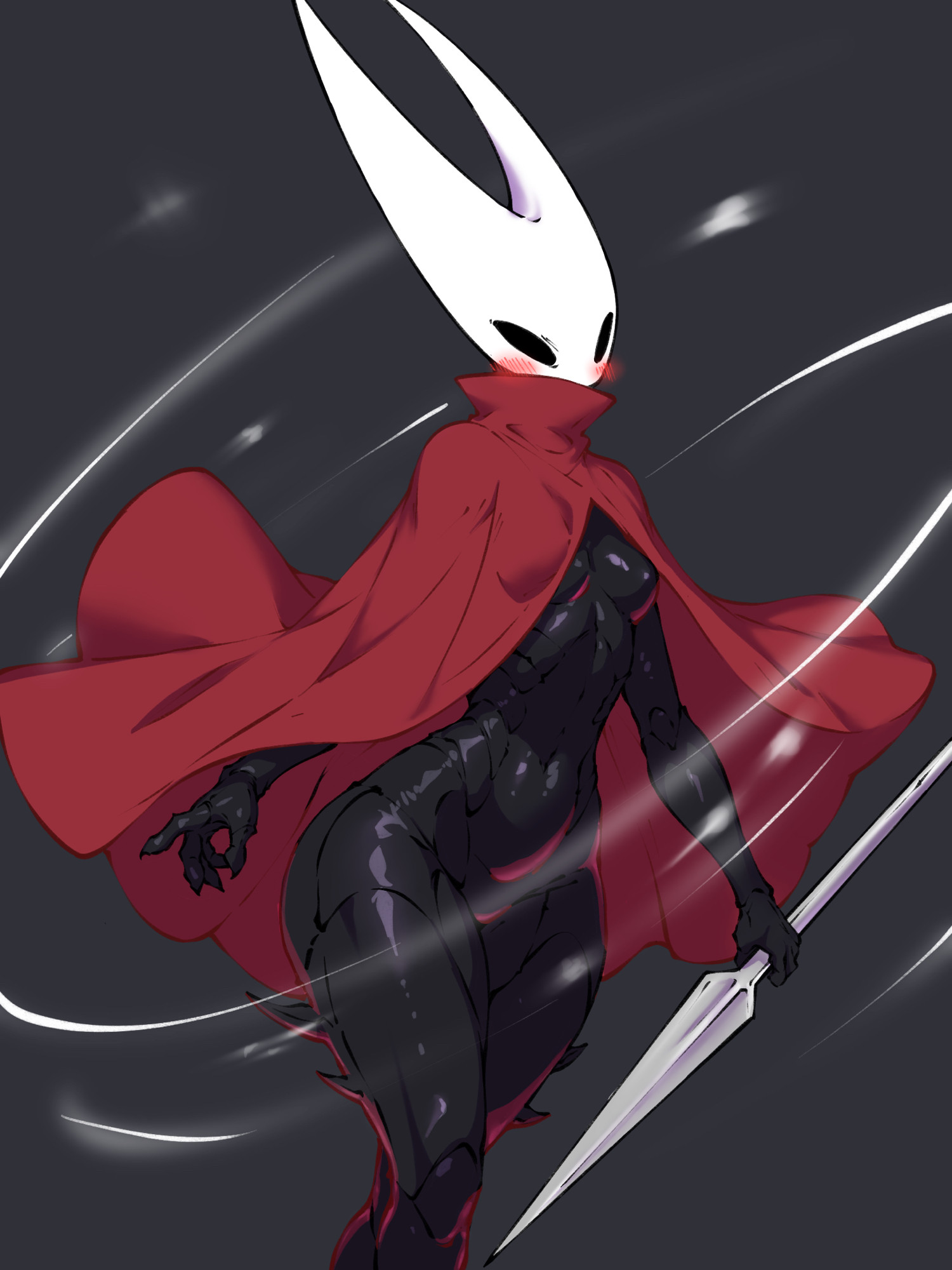 1girls, 2025, 2d, 2d (artwork), arthropod, black body, blush, cape, curvy, curvy figure, digital media (artwork), female, female only, gray background, greaterkeytattoos, grey background, holding object, holding spear, holding weapon, hollow knight, hollow knight (franchise), hollow knight: silksong, hornet (hollow knight), insect girl, no visible genitalia, questionable, red cape, sfw, solo, solo female, spear, weapon, wide hips