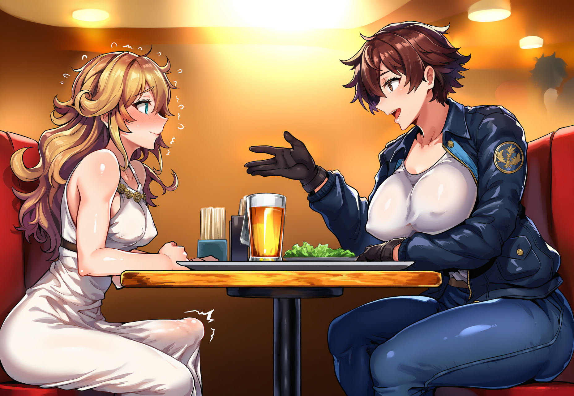 1futa, 1futa1girl, 1girl1futa, 1girls, ai generated, athletic female, athletic futanari, attractive, attractive female, bulge down leg, bulging penis, conversation, covered nipples, cute, cute futa, date, erection under dress, erection under table, female, fluffy hair, futanari, hi res, hiding erection, hiding penis, highres, huge breasts, huge cock, hung futa, jacket open, nipple bulge, novelai, penis bulge, penis to the knees, penis under dress, petite futa, public erection, restaurant, romantic, shirt, side bulge, sitting, small but hung, small dom big sub, strong female, table, talking to another, thick eyelashes, thick hips, thick outlines, thick thighs, throbbing penis, tomboy, well endowed, youreyesonly