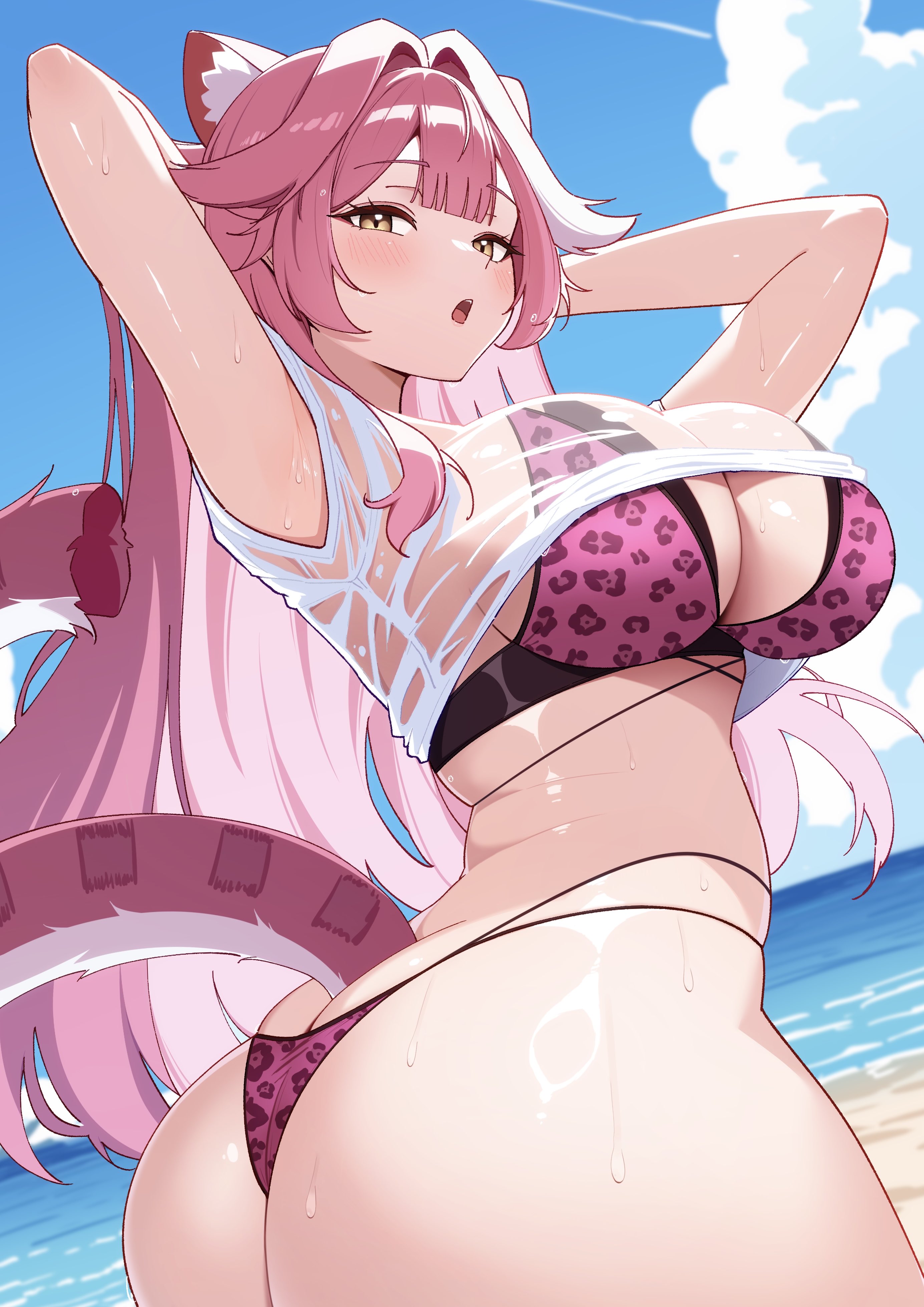 absurdres, animal ears, animal print, arm up, armpits, artist request, ass, beach, bikini, blue sky, blush, breasts, clothes lift, cloud, cloudy sky, colored inner hair, day, eyeshadow, female, hair intakes, highres, hololive, hololive english, hololive english -justice-, large breasts, leopard print, leopard print bikini, long hair, looking at viewer, maholooon, makeup, multicolored hair, ocean, open mouth, outdoors, panther ears, panther girl, panther tail, pink bikini, pink eyeshadow, pink hair, pink tail, print bikini, raora panthera, raora panthera (beach episode), sand, see-through clothes, see-through shirt, shiny skin, shirt, shirt lift, short sleeves, sky, solo, streaked hair, swimsuit, tail, teeth, thighs, twisted torso, two-tone hair, upper teeth only, virtual youtuber, white shirt, yellow eyes