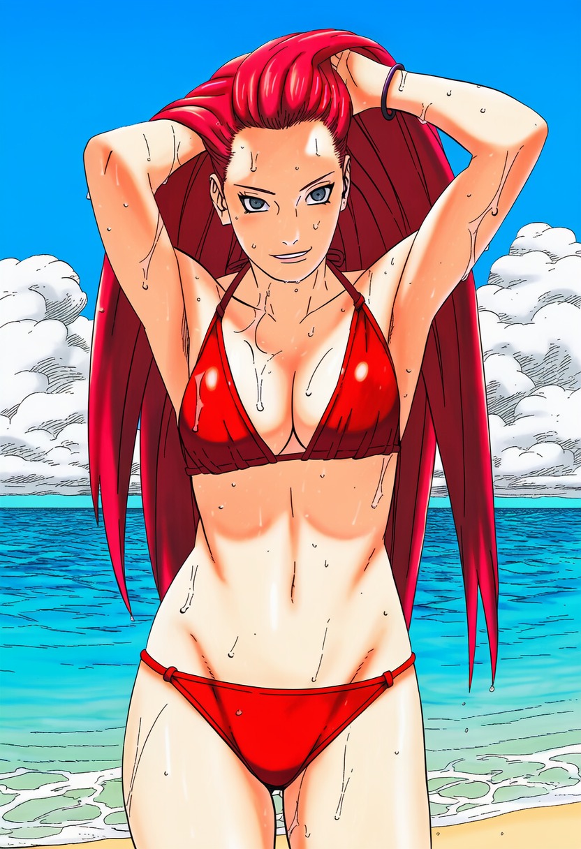 1girls accurate_art_style ai_generated alternate_hairstyle arm_behind_head arms_up beach bikini blush breasts cameltoe cleavage female female_only hair_held_back hair_ornament hairclip hand_on_hip light_skin long_hair looking_at_viewer manga_style masashi_kishimoto_style mature mature_female milf naruto naruto_(series) naruto_shippuden outdoors pinup purple_eyes red_hair seaside shiny shiny_hair shiny_skin side-tie_bikini smile solo solo_focus swimsuit uzumaki_kushina very_long_hair voluptuous wet_hair ㅇㅇ