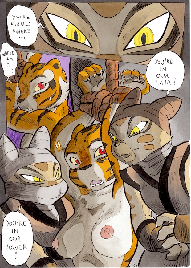 anthro better_late_than_never bottomless bound breasts claws comic daigaijin english_text feline female fur furry kung_fu_panda master_tigress mei_ling nipples nude open_mouth page_63 paws red_eyes rope south_chinese_mountain_cat stripes teeth text tiger wu_sisters yellow_eyes yuri