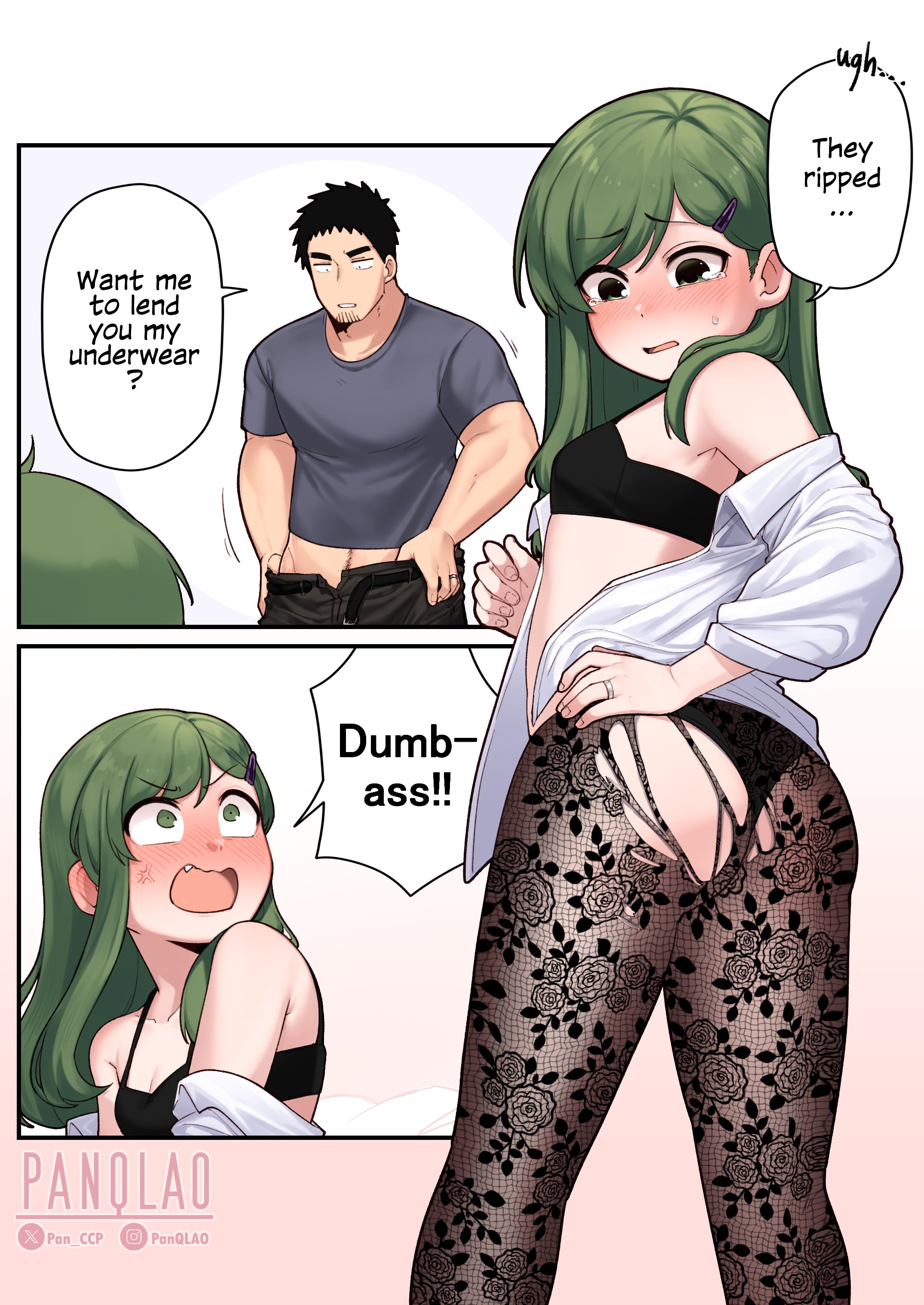 1boy, 1boy1girl, 1girls, ass, black bra, black panties, black pantyhose, blush, bra, comic, couple, crying with eyes open, cute fang, duo, english text, full-face blush, green eyes, green hair, hairclip, husband and wife, igarashi futaba, lace pantyhose hooked on heel (meme), muscular, muscular male, off shoulder, open shirt, panqlao, petite, petite female, right to left, ring, senpai ga uzai kouhai no hanashi, small breasts, solo focus, straight, takeda harumi, tearing up, tears, text, torn pantyhose, undressing, wedding ring, white shirt
