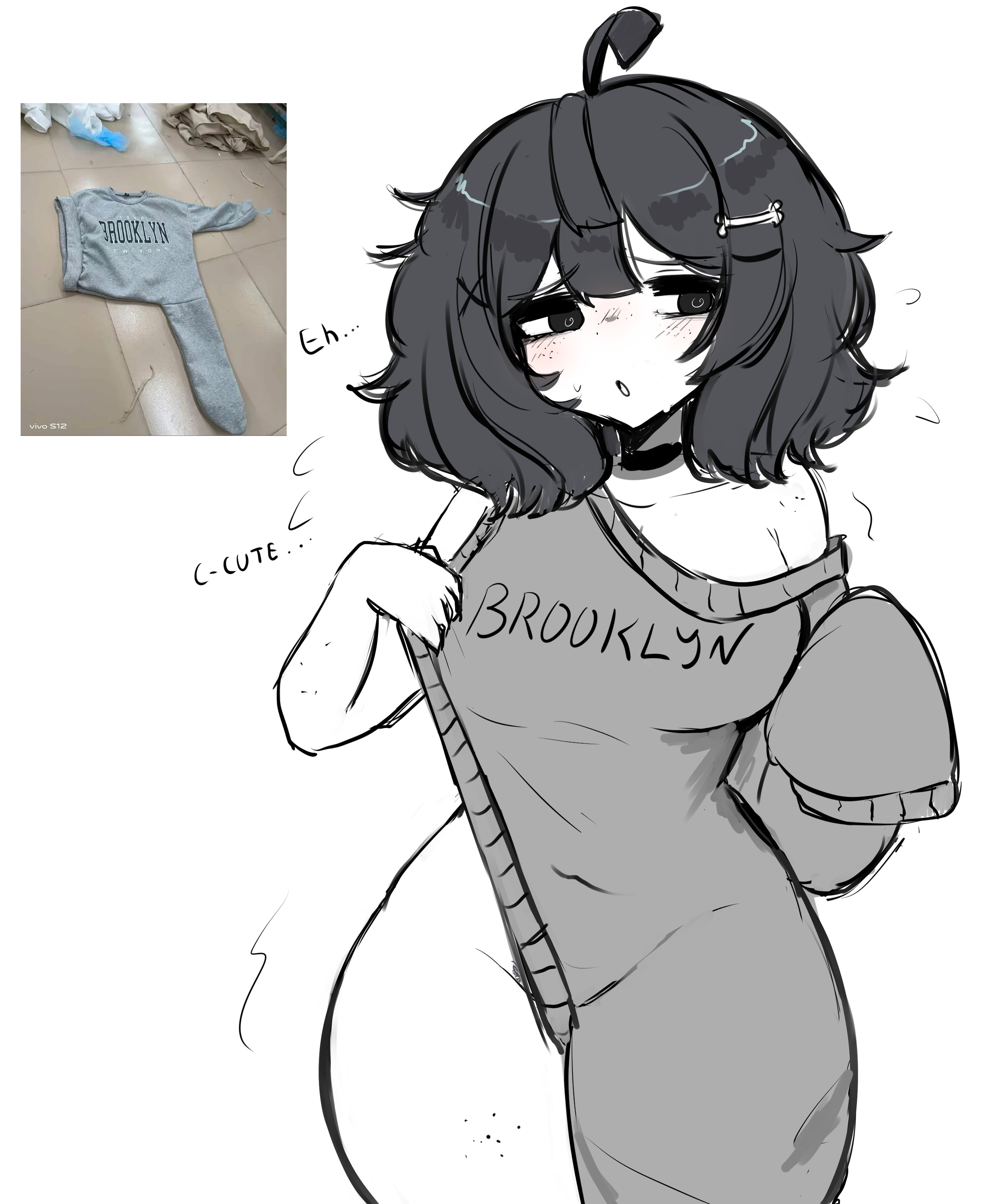 brooklyn sweater, female, meme attire, no bra, no panties, solo
