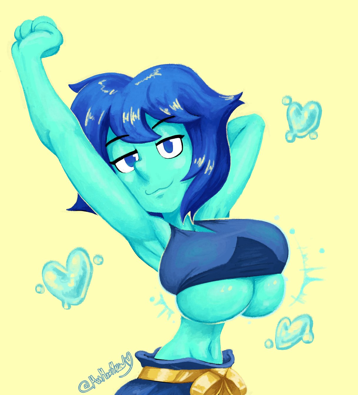 1girls, 2d, blue hair, blue skin, breast expansion, breasts, clothed, expansion, female, gem (species), lapis lazuli (steven universe), looking at viewer, monmonmallow, smile, solo, solo female, steven universe, tagme