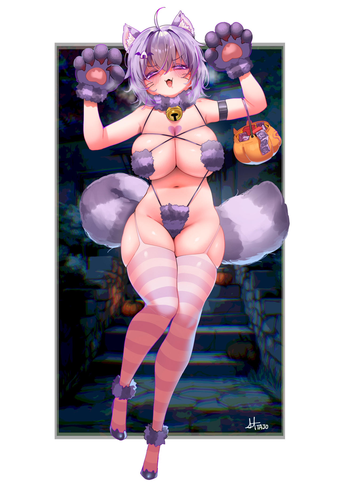 alternate costume, animal ear fluff, animal ears, animal hands, animal print, arms up, bare shoulders, bell, bikini, blush, breasts, breath, cat ears, cat tail, claw pose, cleavage, commentary, condom, condom packet strip, condom wrapper, english commentary, female, full body, fur bikini, fur trim, fur-trimmed gloves, garter straps, gloves, groin, halloween, halloween bucket, heavy breathing, highres, hololive, jingle bell, large breasts, looking at viewer, neck bell, nekomata okayu, open mouth, paw gloves, swimsuit, tail, thighhighs, uzda ricecake, virtual youtuber