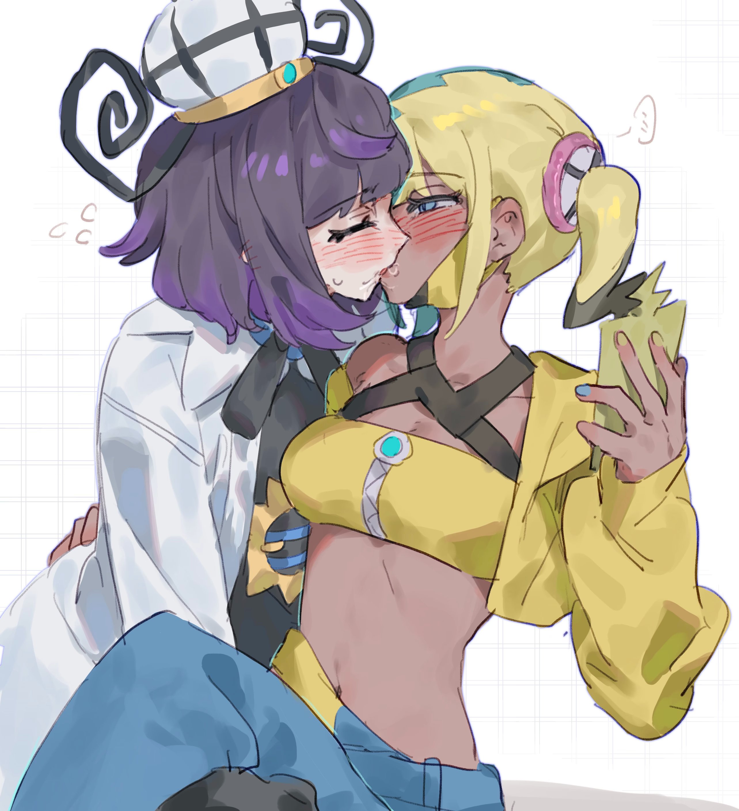 absurdres, bandeau, belt, belt buckle, black dress, black hair, blonde hair, blue hair, blue nails, blush, bob cut, buckle, canari (pokemon), canary (pokemon), closed eyes, coat, commentary request, cropped jacket, dark skin, dark-skinned female, dress, female, gen 4 pokemon, grid background, gwynn (pokemon), hat, highres, holding, holding phone, jacket, kissing, long sleeves, muku (pokemon), multicolored hair, nail polish, nintendo, o-ring, o-ring belt, open clothes, open coat, open jacket, phone, pokemon, pokemon legends: z-a, purple hair, rddumpling, rotom, rotom phone, saliva, short hair, white coat, yellow jacket, yellow nails, yuri