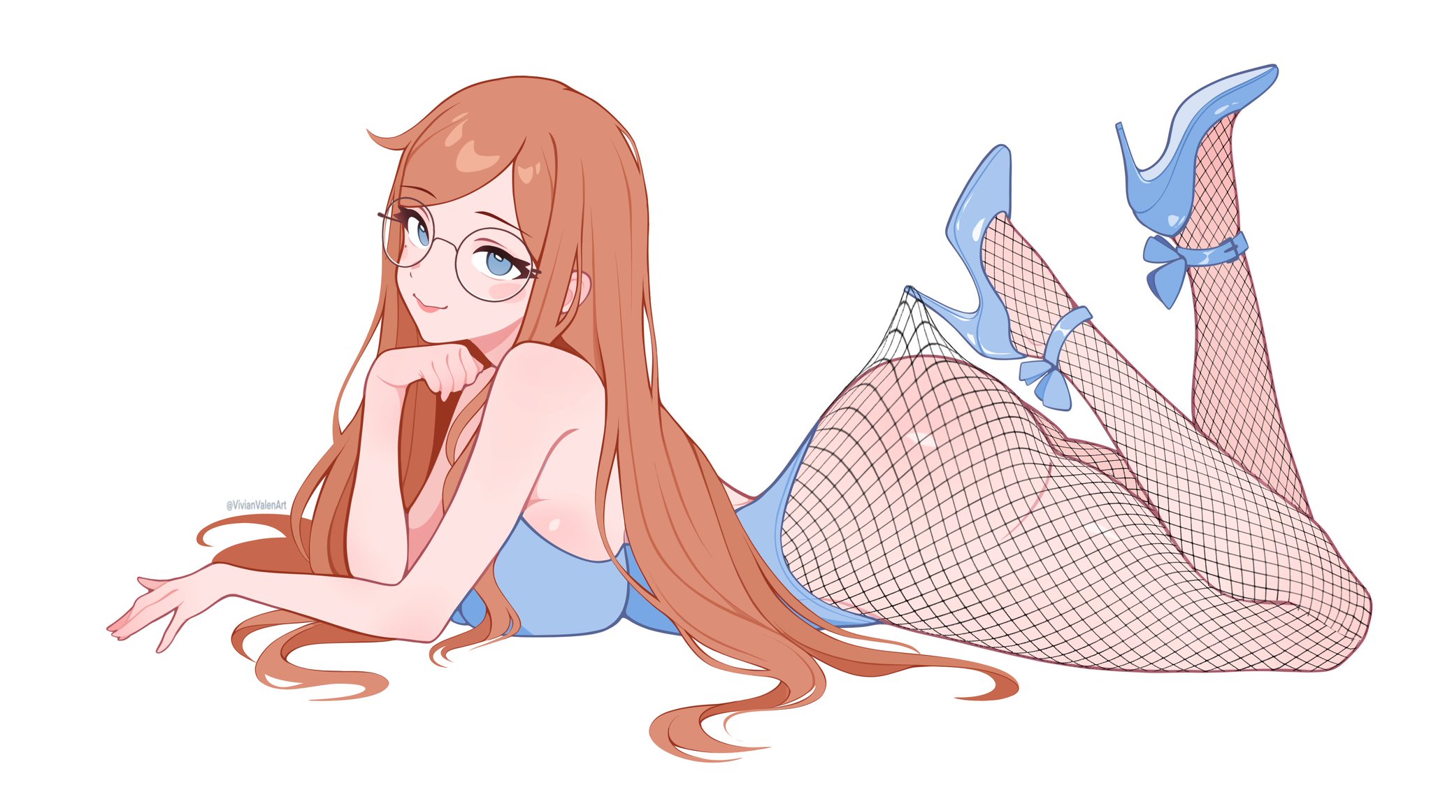 1girls, ass, blue eyes, brown hair, female, fishnet legwear, glasses, high heels, lace pantyhose hooked on heel (meme), legs up, looking at viewer, meme, on stomach, smiling at viewer, vivianvalenart