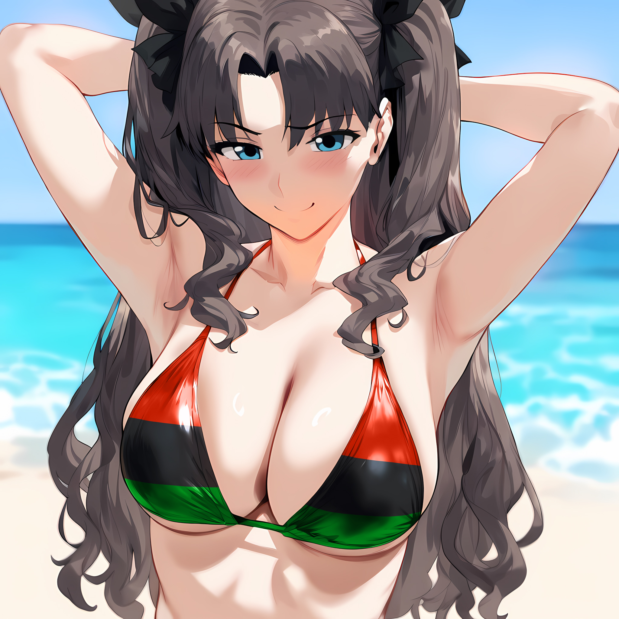 ai generated, arms up, beach, black hair, blue eyes, breasts, fate (series), fate/stay night, female, hapa feeders, japanese female, long hair, medium breasts, ocean, pan-african flag, pan-african flag bikini, tied hair, tohsaka rin, twintails