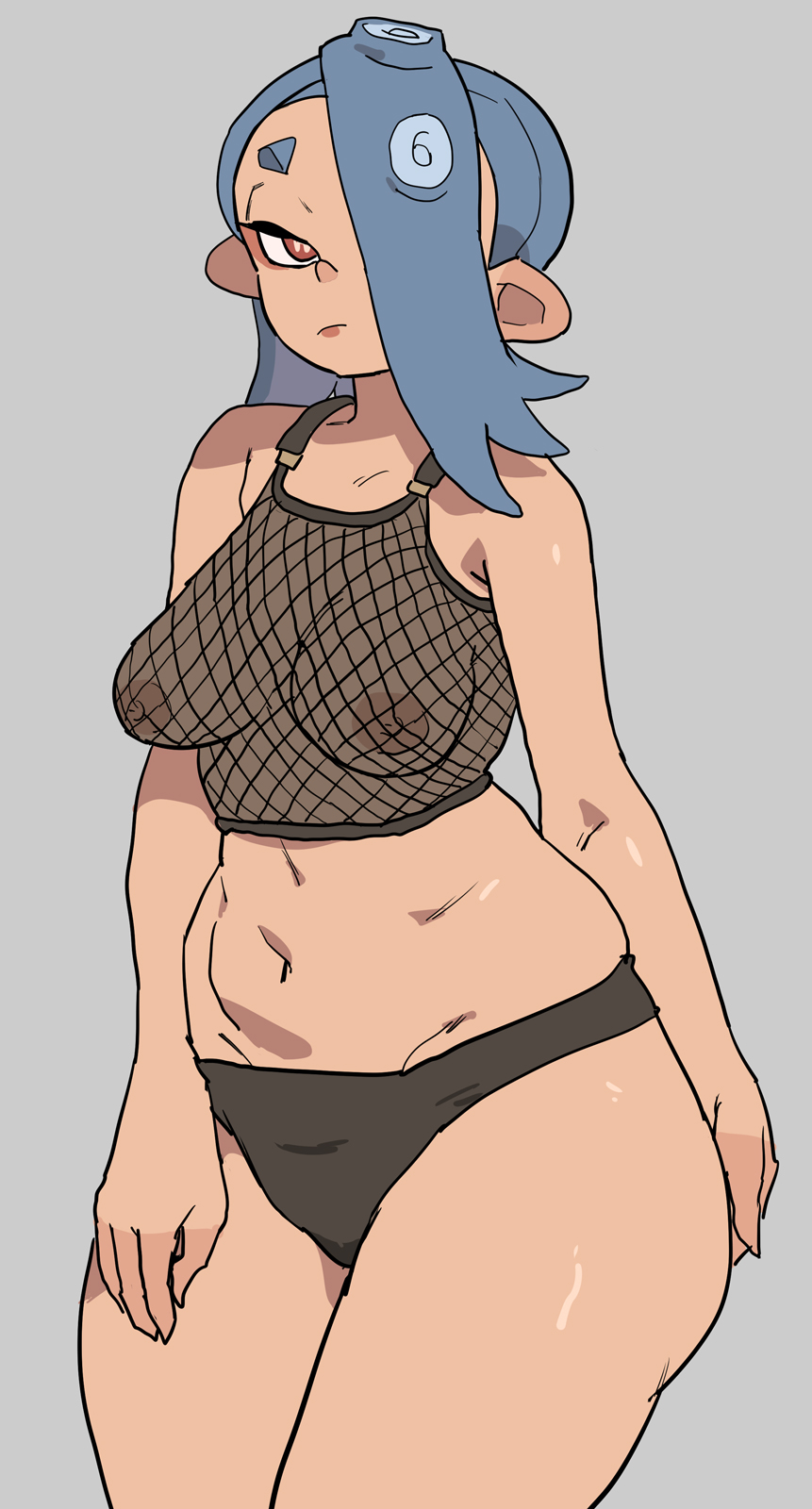 1girls, ass, bare shoulders, big ass, big breasts, blue hair, breasts, cleavage, female, hair, large breasts, looking at viewer, nintendo, octoling, octoling girl, red eyes, see-through, see-through clothing, shiny skin, shiver (splatoon), short hair, simple background, solo, solo female, solo focus, splatoon, splatoon (series), splatoon 3, tentacle hair, thighs, white background, yuta agc