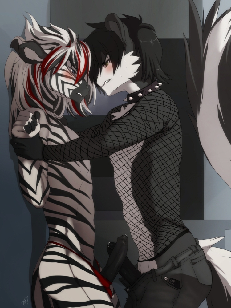 against_wall black_hair blush crossdressing equine erection eye_contact furry gay girly gothicskunk hair ian looking_at_another male nude penis peritian precum short_hair skunk sweat white_hair zebra