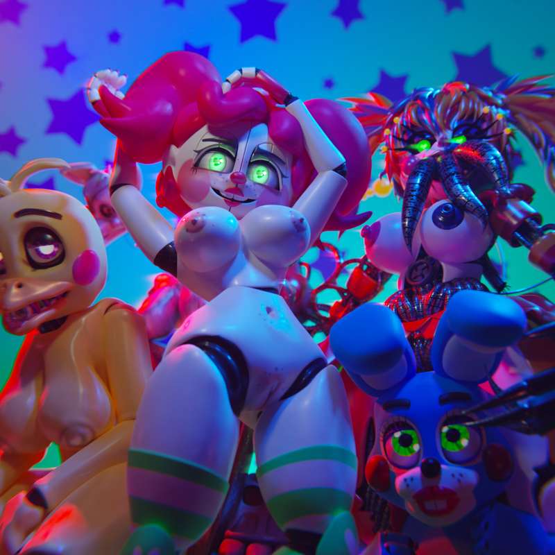 3d, 3d (artwork), 3d artwork, 3d background, 3d model, 3d render, 4girls, absurd res, absurd resolution, absurdres, animatronic, animatronic female, animatronic girl, animatronics, beak, big breasts, blue arms, blue body, blue face, blue hair, blue hands, blue skin, breasts, bunny ears, cable, cables, circus baby, circus baby (cosmic trance), circus baby (fnaf), closed mouth, clown, clown costume, clown girl, clown makeup, clown nose, curvaceous, curvaceous female, curvaceous figure, curvy, curvy body, curvy female, curvy figure, exposed breasts, exposed nipples, exposed pussy, female, female only, females, females only, five nights at freddy's, five nights at freddy's 2, five nights at freddy's: sister location, fnaf, freckles, freckles on breasts, freckles on chest, freckles on face, from below, front view, fully naked, fully nude, ginger hair, glistening, glistening body, glistening breasts, glistening butt, glistening eyes, glistening hair, glistening skin, green eyes, hand behind head, hand on head, hands behind head, hi res, high quality, high resolution, highres, huge breasts, humanoid, humanoid female, large breasts, long tongue, looking at viewer, nipples, nude, nude female, open mouth, orange hair, pink eyes, purple eyes, pussy, red cheeks, red hair, red lipstick, red nose, robot, robot girl, robot humanoid, robot joints, robotic, robotic arm, scottgames, scrap baby, scrap baby (cosmic trance), scrap baby (fnaf), sharp claws, sharp teeth, shimano, shiny body, shiny breasts, shiny face, shiny hair, shiny legs, shiny skin, shiny thighs, slim waist, small waist, smile, smiling, smiling at viewer, so87baby, socks, standing, summer baby (rynfox), summer of 87 baby, super elon, thin waist, tongue, tongue out, toy bonnie (fnaf), toy chica (fnaf), toy chica (super elon), white arms, white ass, white body, white breasts, white butt, white face, white female, white hands, white legs, white pussy, white skin, white thighhighs, yellow arms, yellow body, yellow breasts, yellow face, yellow hands, yellow legs, yellow skin, yellow thighhighs