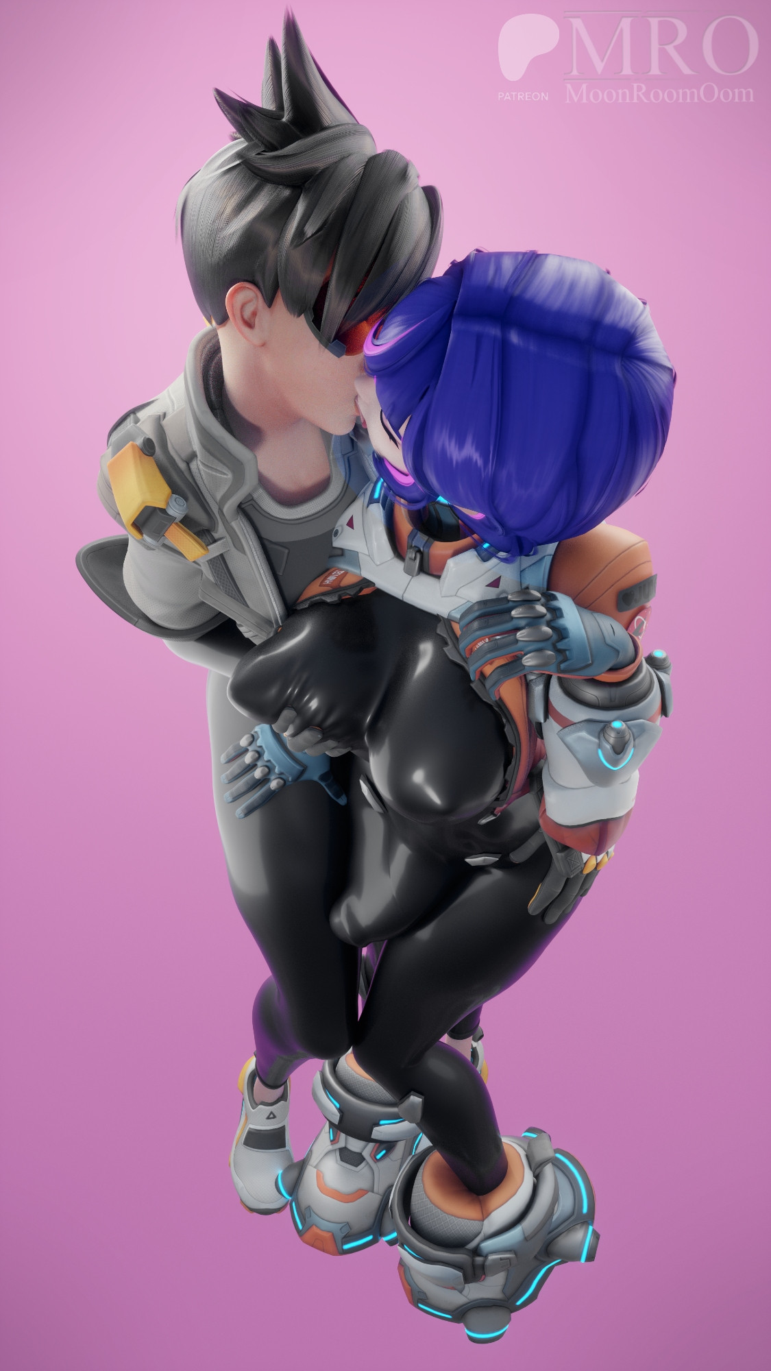 2girls, 3d, 3d (artwork), 3d render, blizzard entertainment, breasts, closed, clothed, eyes, female, full body suit, futanari, intersex, juno (overwatch), latex, lesbian kiss, making out, moonroomoom, overwatch, overwatch 2, shiny clothes, touching breast, tracer, tracer (overwatch 2 suit), yuri
