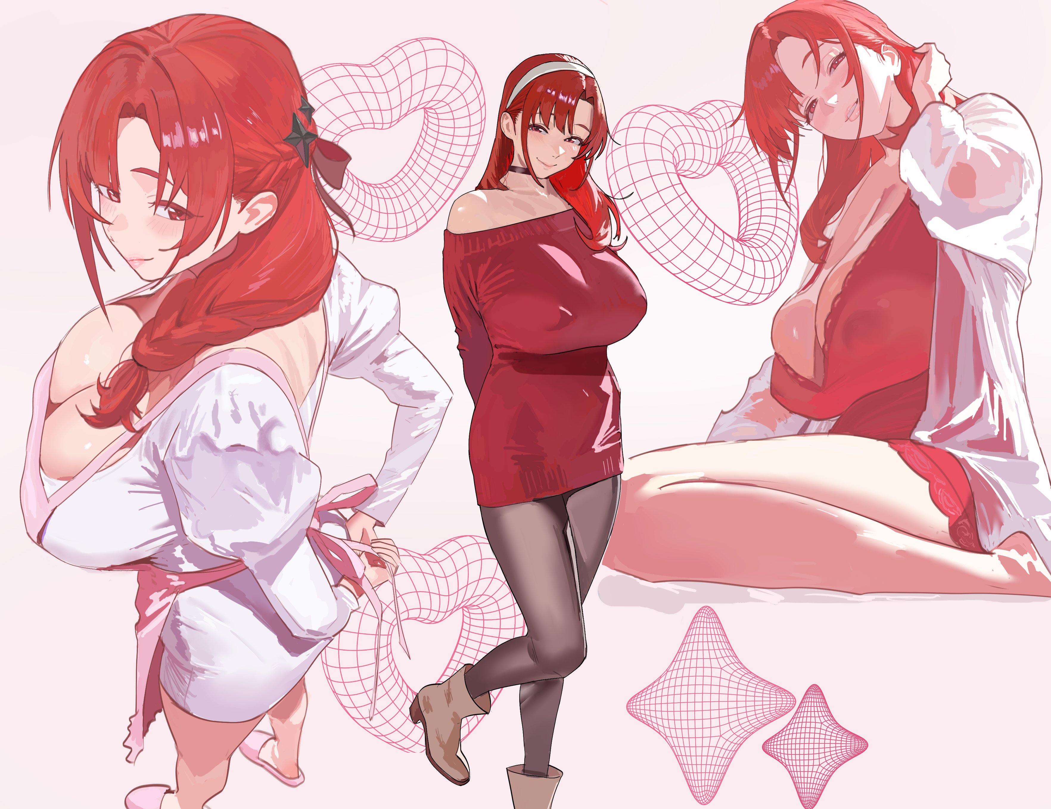 1girls, 2025, 2d, 2d (artwork), 3girls, apron, areolae, areolae visible through clothing, ass, bangs, big ass, big breasts, big butt, blush, blushing, boobies, boobs, breasts, busty, butt, choker, cleavage, clothed, clothed female, clothing, color, colored, fanart, female, full color, goddess of victory: nikke, hair, hair ornament, headband, heel boots, hintobento, hips, huge breasts, large breasts, light skin, light-skinned female, long hair, looking at viewer, massive breasts, milf, mommy, mommy kink, mommy milkers, mother, naughty, nightgown, pantyhose, rapi (nikke), rapi (red hood) (nikke), red eyes, red hair, red sweater, seductive, shift up, shoes, slippers, smile, smiling, smiling at viewer, sweater, thighs, tits, titties, video game, video game character, yor briar (cosplay)