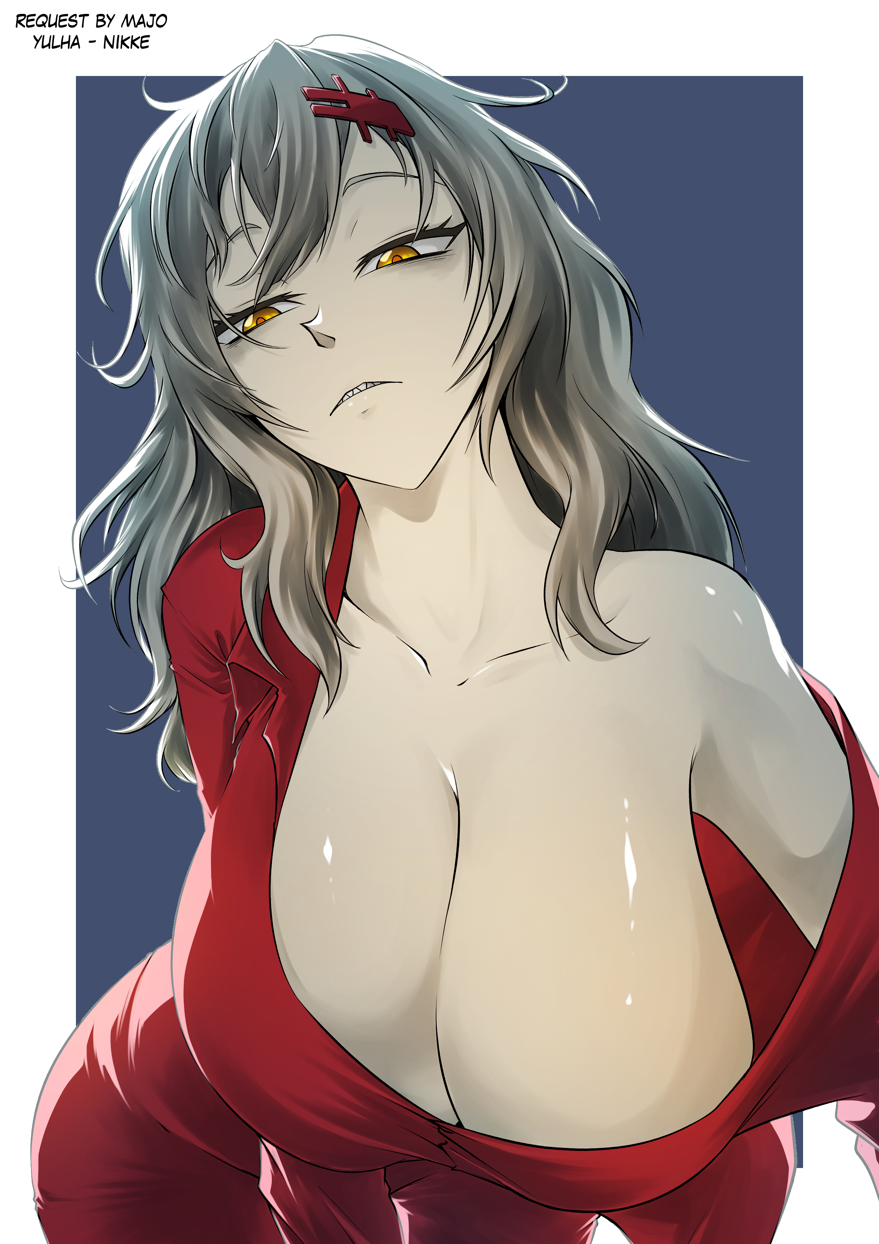 1girls, absurd res, bare shoulder, breasts, cleavage, dress, female, female only, goddess of victory: nikke, hair ornament, huge breasts, light skin, light-skinned female, long hair, looking at viewer, messy hair, red dress, red shirt, shark teeth, sharp teeth, shirt, shirt open, simple background, tomcapung, white hair, yellow eyes, yulha