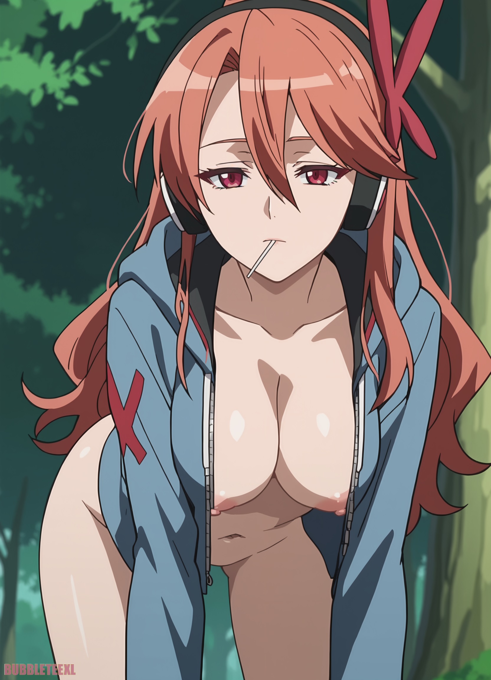 1girls, ai generated, akame ga kill!, breasts, bubbleteexl, chelsea (akame ga kill!), female, jacket, long hair, nipples, nude, nude female, orange hair, pink eyes