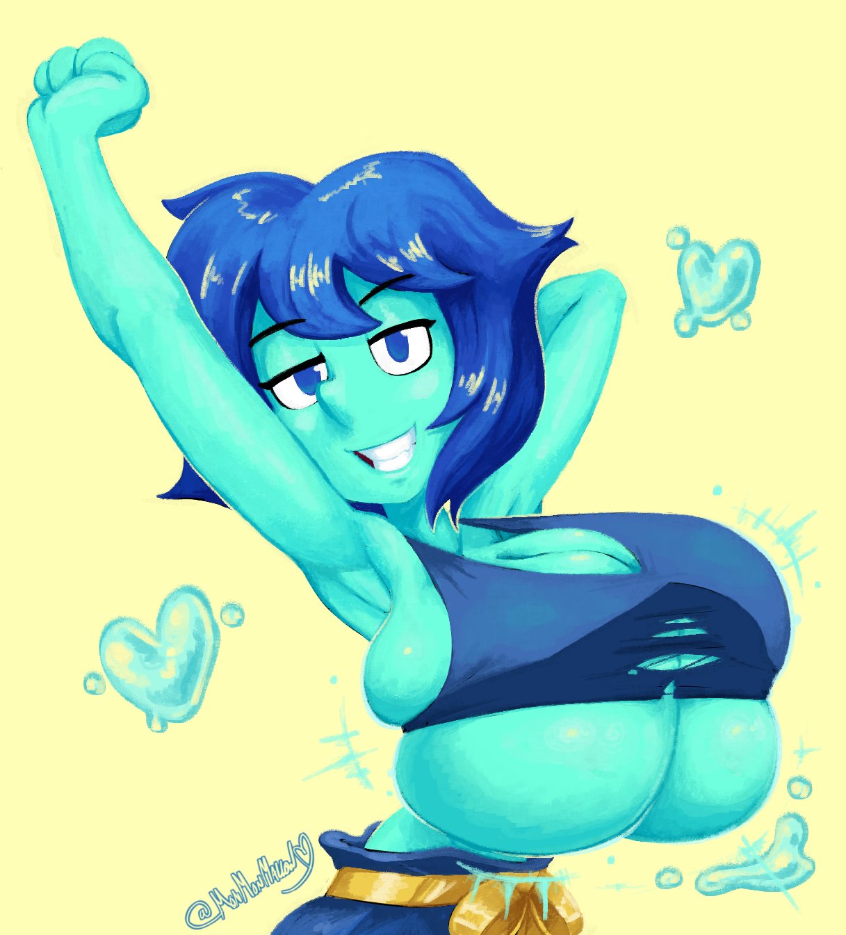 1girls, 2d, blue hair, blue skin, breast expansion, breasts, clothed, expansion, female, gem (species), lapis lazuli (steven universe), looking at viewer, monmonmallow, smile, solo, solo female, steven universe, tagme