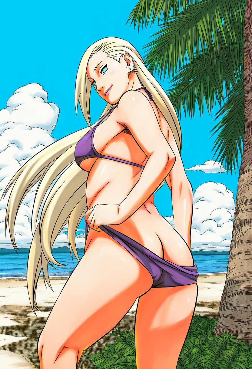 1girls accurate_art_style ai_generated beach big_breasts bikini bikini_bottom bikini_top blonde_female blonde_hair blue_eyes blush blush_lines breasts curvy curvy_female curvy_figure exposed_ass eyelashes female from_behind from_below hair hair_down hair_ornament hair_over_one_eye ino_yamanaka light-skinned_female light_blue_eyes light_skin looking_at_viewer manga_style masashi_kishimoto_style midriff naruto naruto:_the_last naruto_(series) naruto_shippuden navel ocean outdoors paipan pale-skinned_female pale_skin pinup presenting_ass purple_bikini pussy sea seaside swimsuit thick_thighs thigh_gap thighs toned toned_female underboob undressing very_long_hair wet wet_body wet_hair white_skin ㅇㅇ